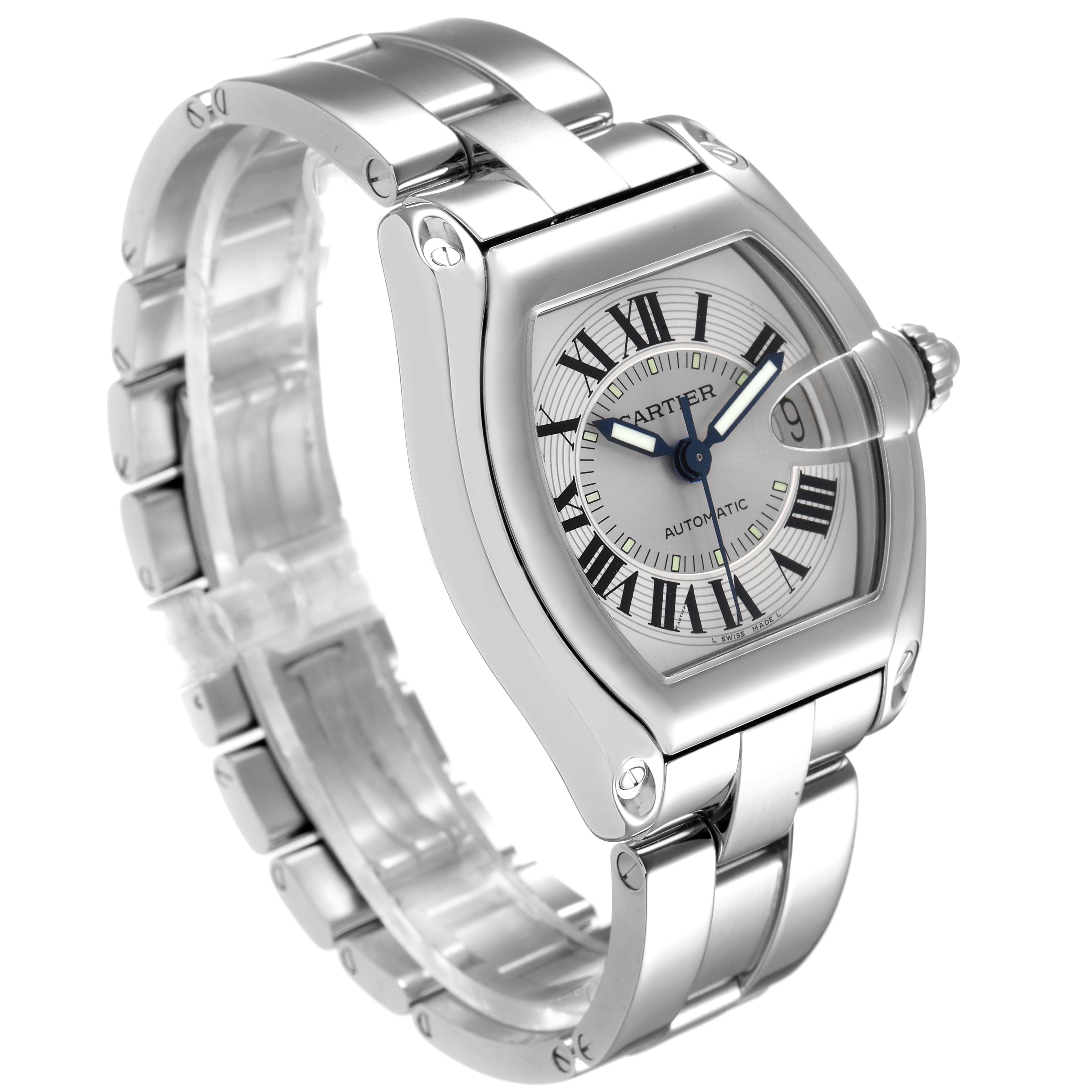The Cartier Roadster W62000V3 Men
s Stainless Steel Silver Dial W62000V3 Men
s Stainless Steel Silver Dial watch is shown at a 3/4 angle, highlighting the face, bracelet, and crown.