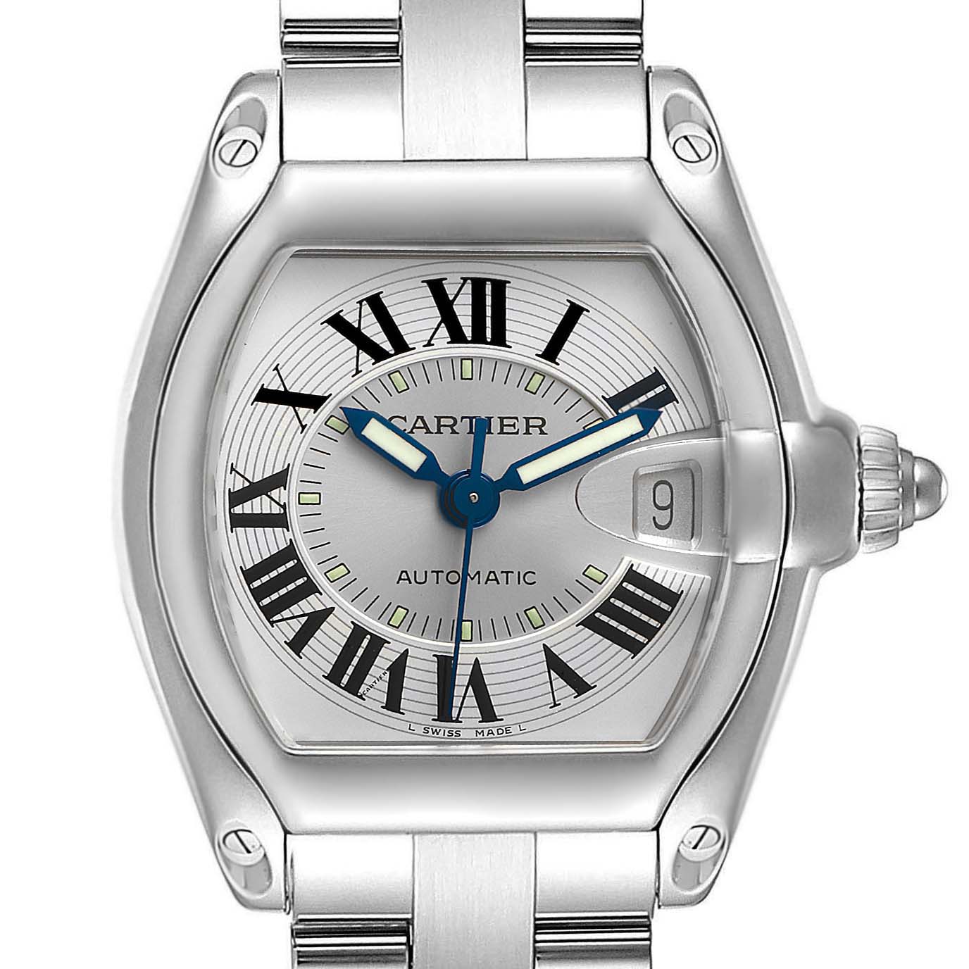 The image shows a front view of the Cartier Roadster W62000V3 Men
s Stainless Steel Silver Dial W62000V3 Men
s Stainless Steel Silver Dial watch, highlighting the dial, date window, and part of the bracelet.