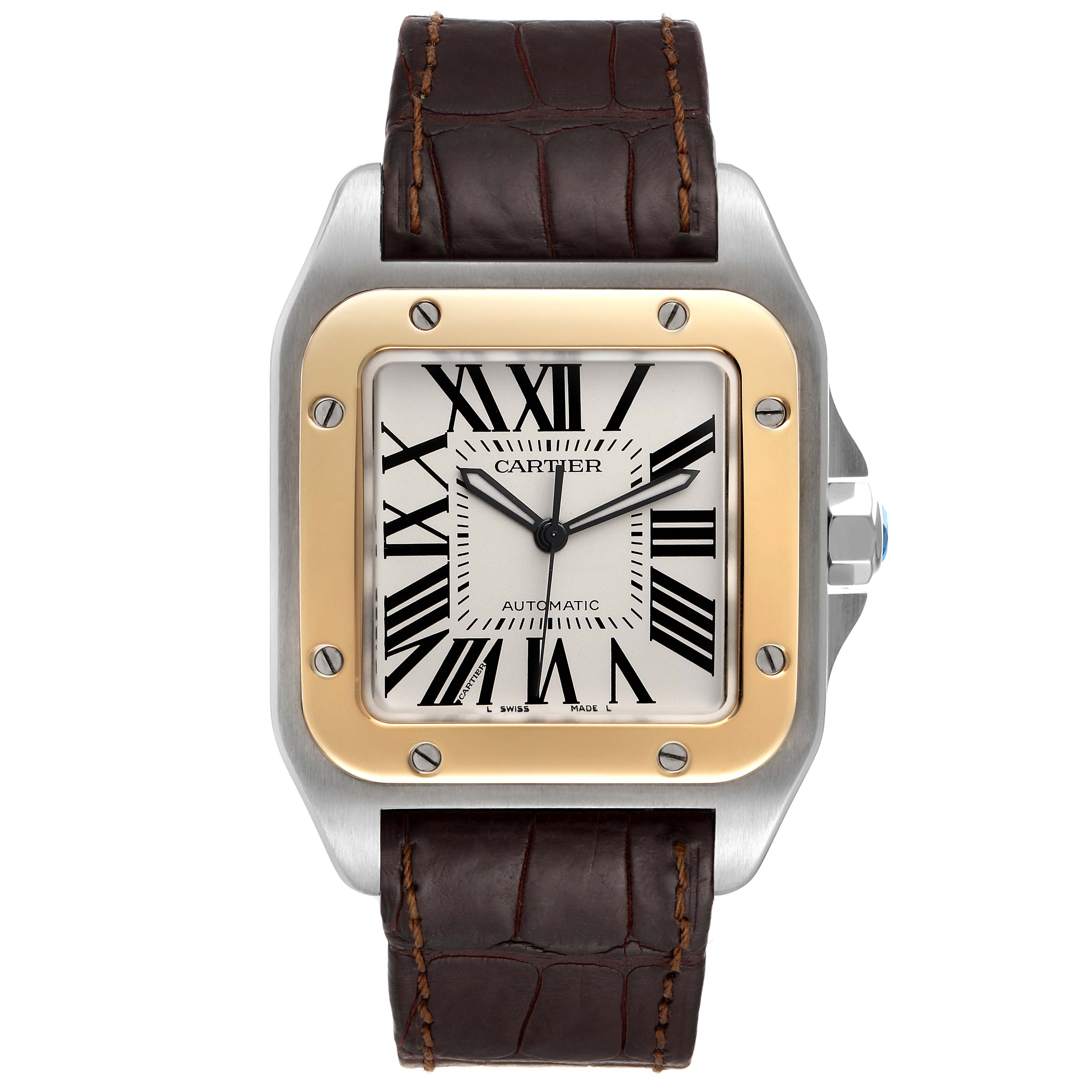 This is a front view of the Cartier Santos W20072X7 Men's Steel and Gold (two tone) Silver Dial W20072X7 Men's Steel and Gold (two tone) Silver Dial watch showing its dial, bezel, case, and leather strap.