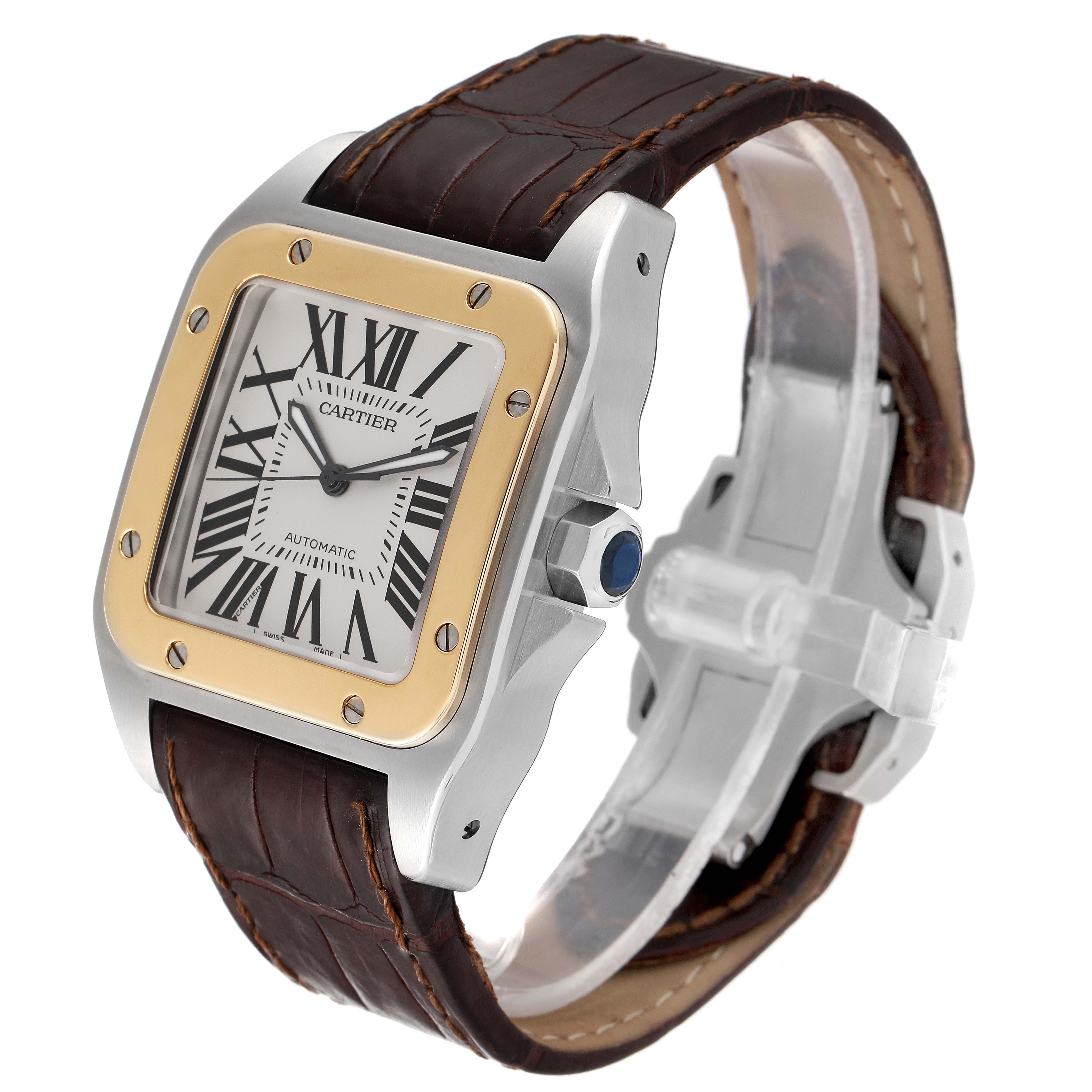 The Cartier Santos W20072X7 Men's Steel and Gold (two tone) Silver Dial W20072X7 Men's Steel and Gold (two tone) Silver Dial watch is shown at a three-quarter angle, displaying the face, case, and leather strap.