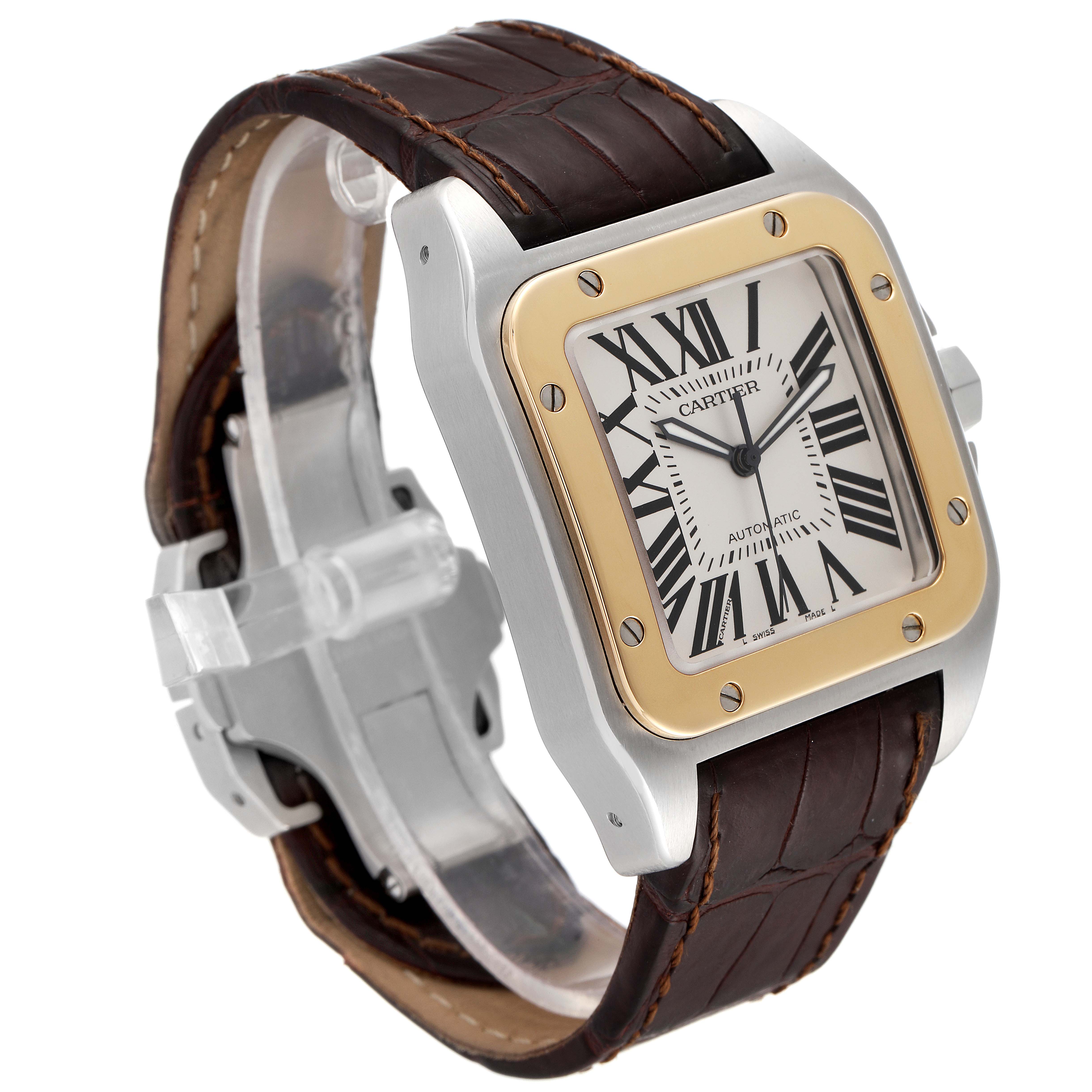 The Cartier Santos W20072X7 Men's Steel and Gold (two tone) Silver Dial W20072X7 Men's Steel and Gold (two tone) Silver Dial model watch is shown at an angle highlighting the face, bezel, and leather strap.