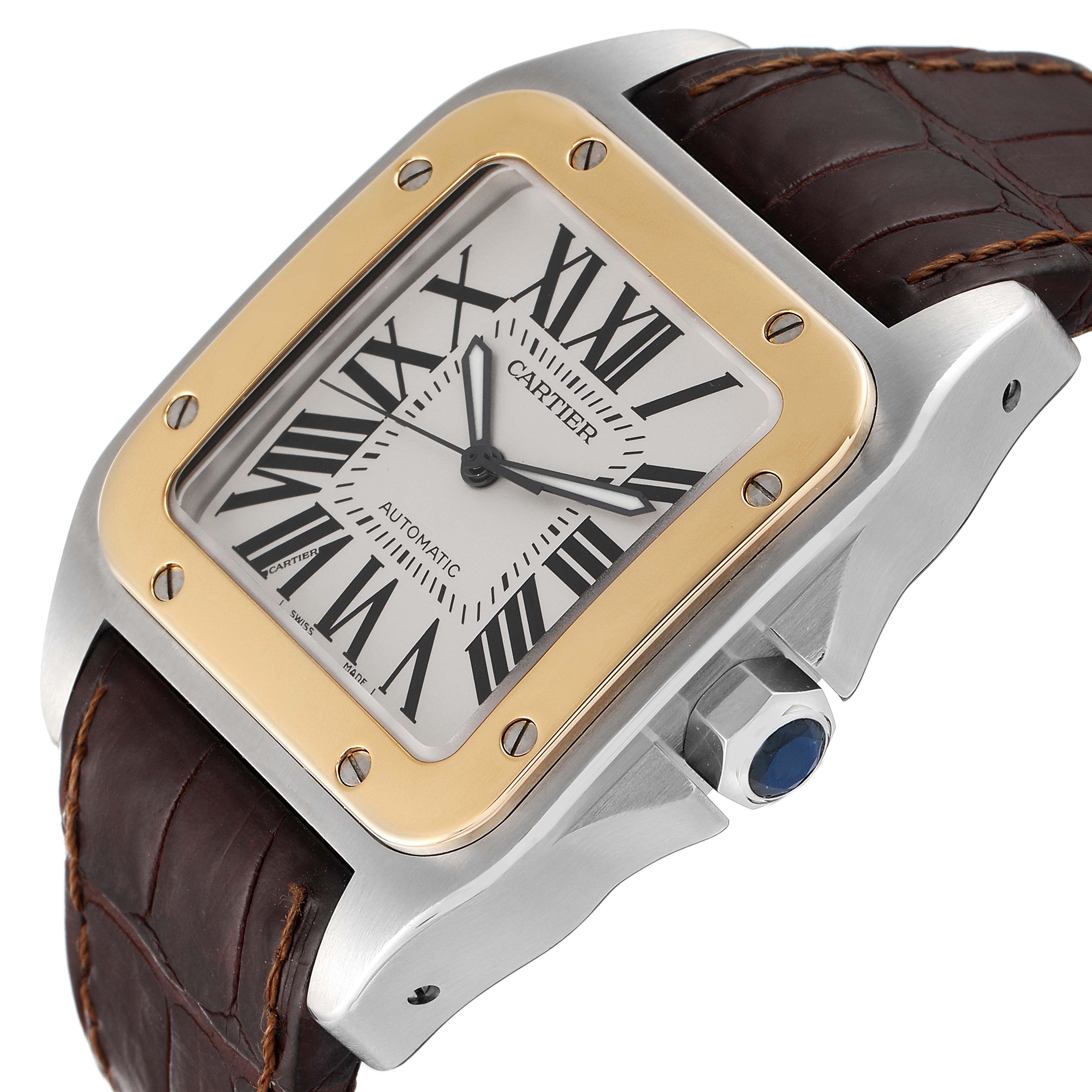 The image shows a close-up angle of a Cartier Santos W20072X7 Men's Steel and Gold (two tone) Silver Dial W20072X7 Men's Steel and Gold (two tone) Silver Dial watch, displaying its face, bezel, crown, and part of the leather strap.