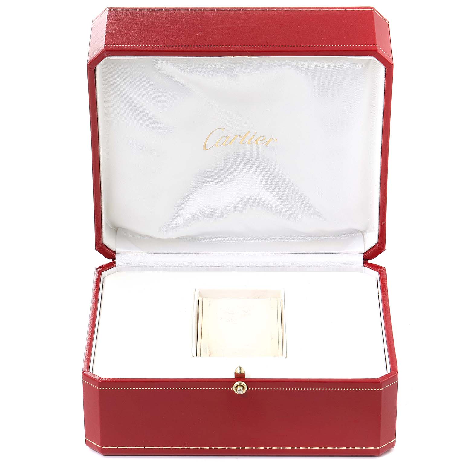 The image shows an open red Cartier box for the Santos model watch, displaying the interior with a placeholder for the watch.