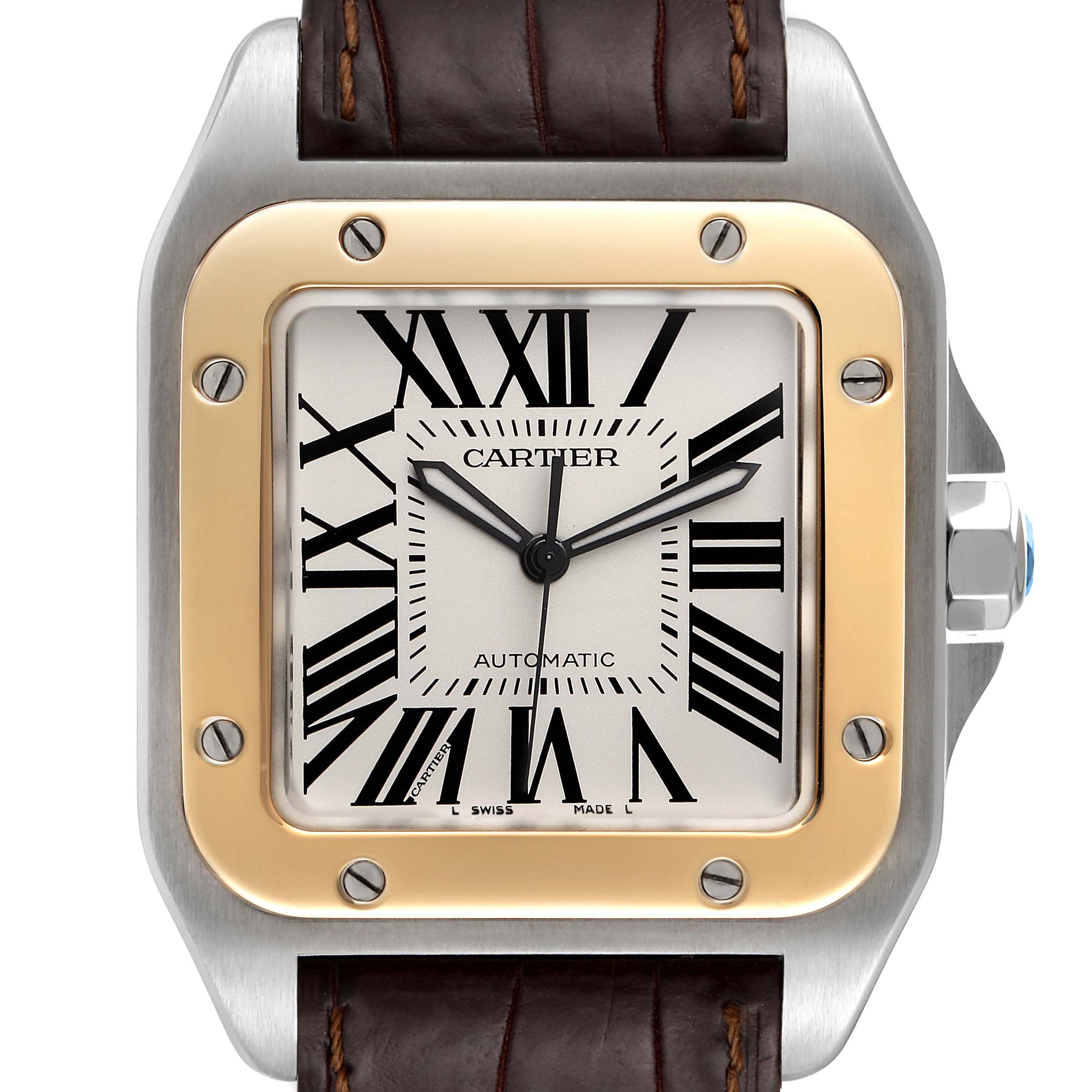 The image shows a front view of the Santos model watch by Cartier, displaying the dial, bezel, case, and part of the leather strap.