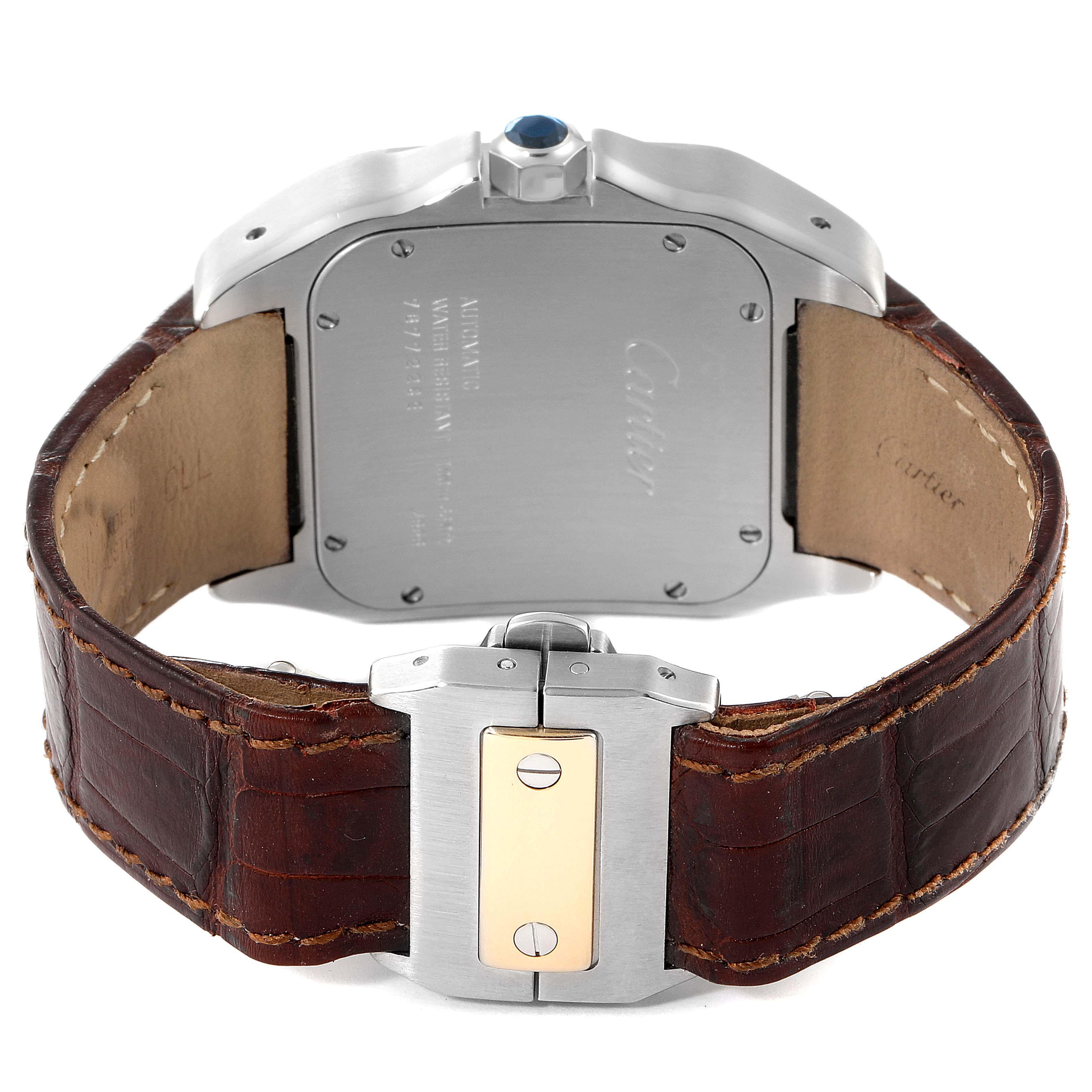 The image shows the back view of a Santos model watch by Cartier, highlighting the case, crown, and leather strap with the buckle.
