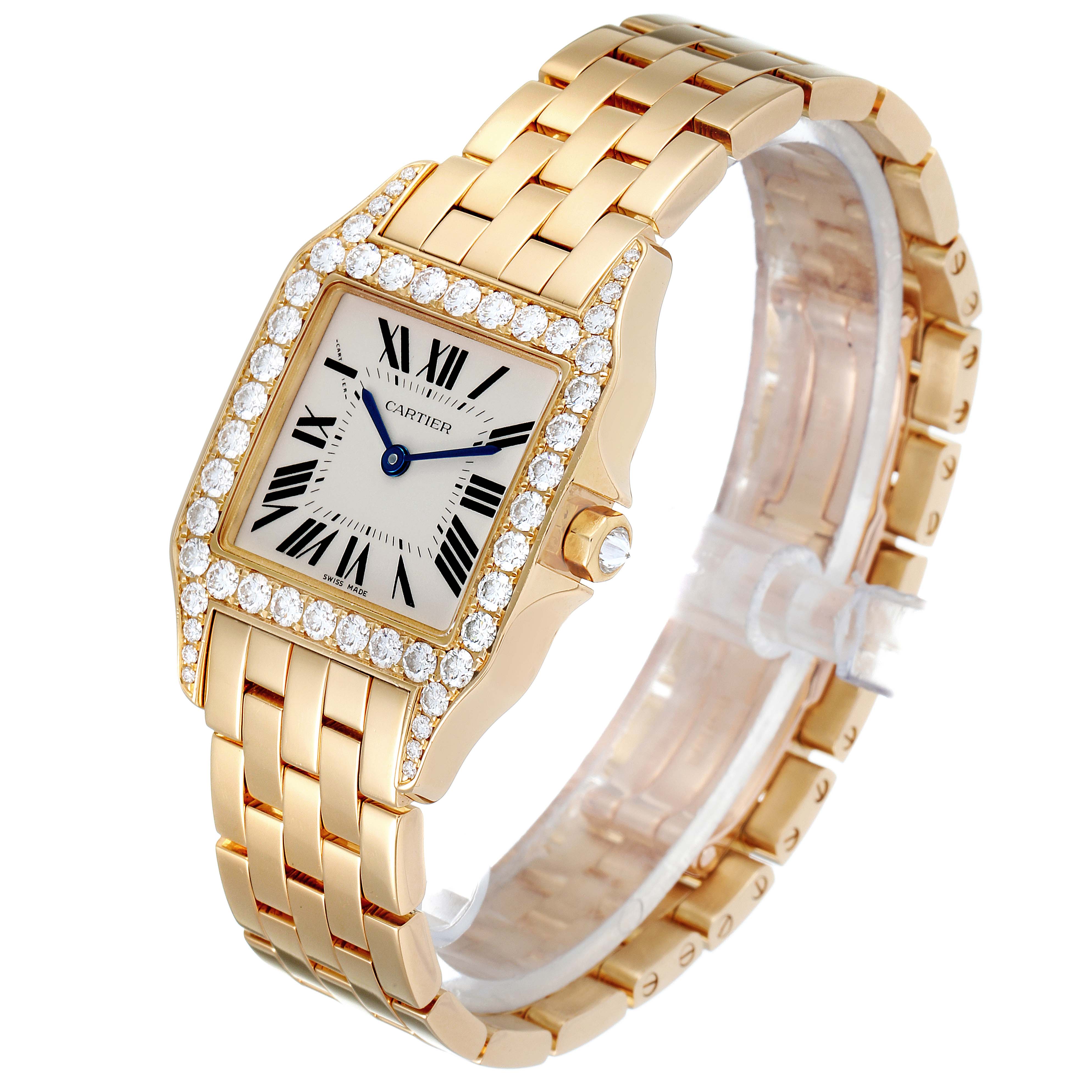 This Cartier Santos WF9002Y7 Men's Yellow Gold Silver Dial WF9002Y7 Men's Yellow Gold Silver Dial watch is shown from a slightly angled perspective, highlighting its face, diamond bezel, and bracelet.