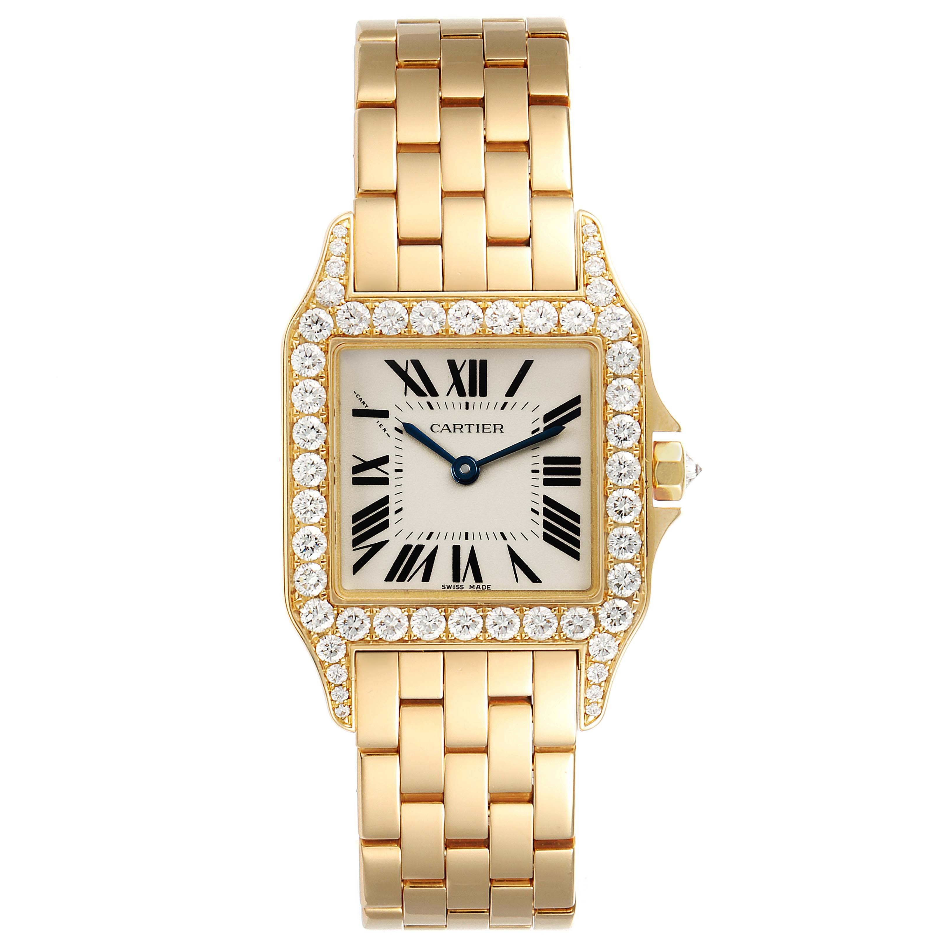 The image shows a front view of the Cartier Santos WF9002Y7 Men's Yellow Gold Silver Dial WF9002Y7 Men's Yellow Gold Silver Dial watch, highlighting its gold bracelet, diamond-encrusted bezel, and Roman numeral dial.