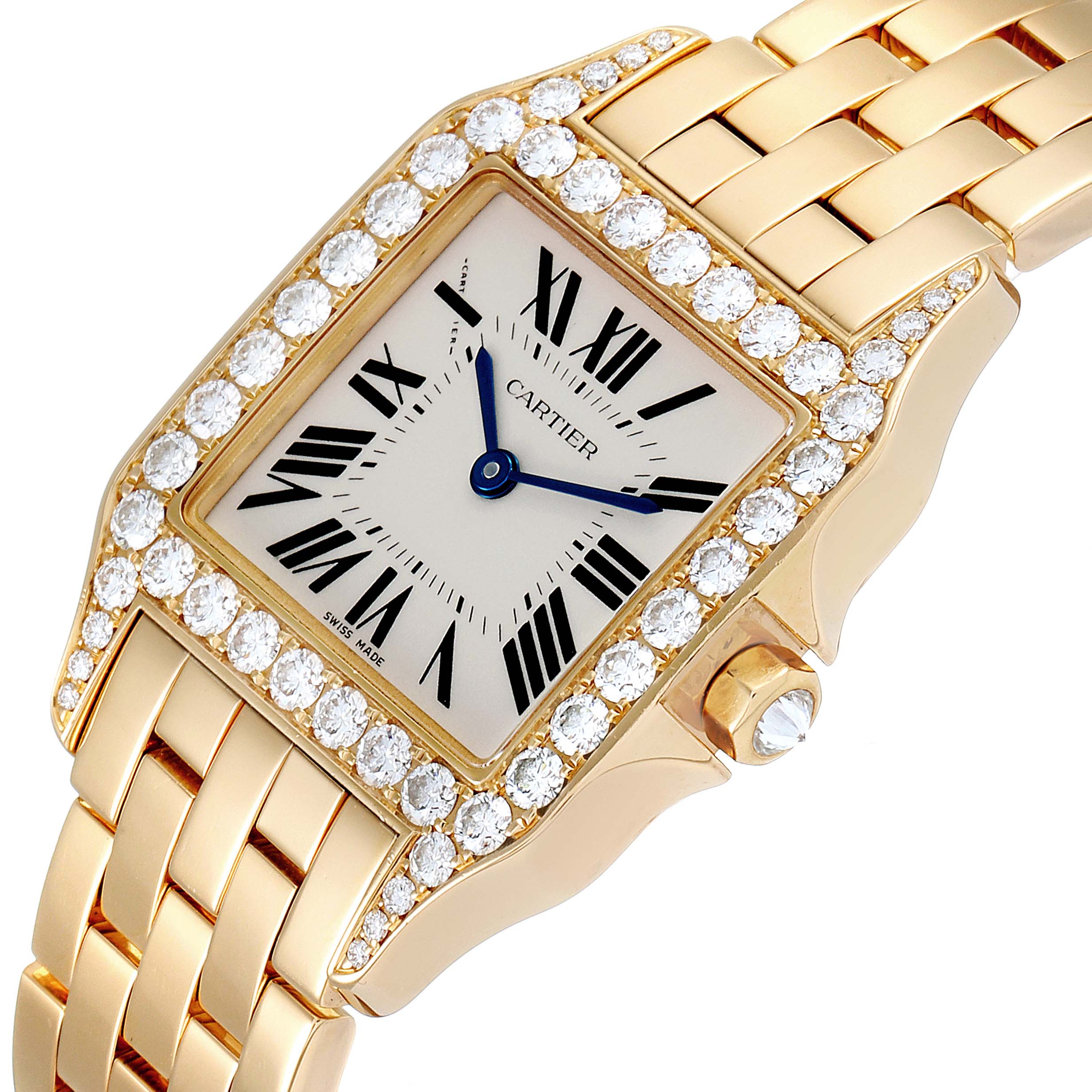 The image shows a close-up of the dial and bezel of the Cartier Santos WF9002Y7 Men's Yellow Gold Silver Dial WF9002Y7 Men's Yellow Gold Silver Dial watch, highlighting its gold case and diamond accents.