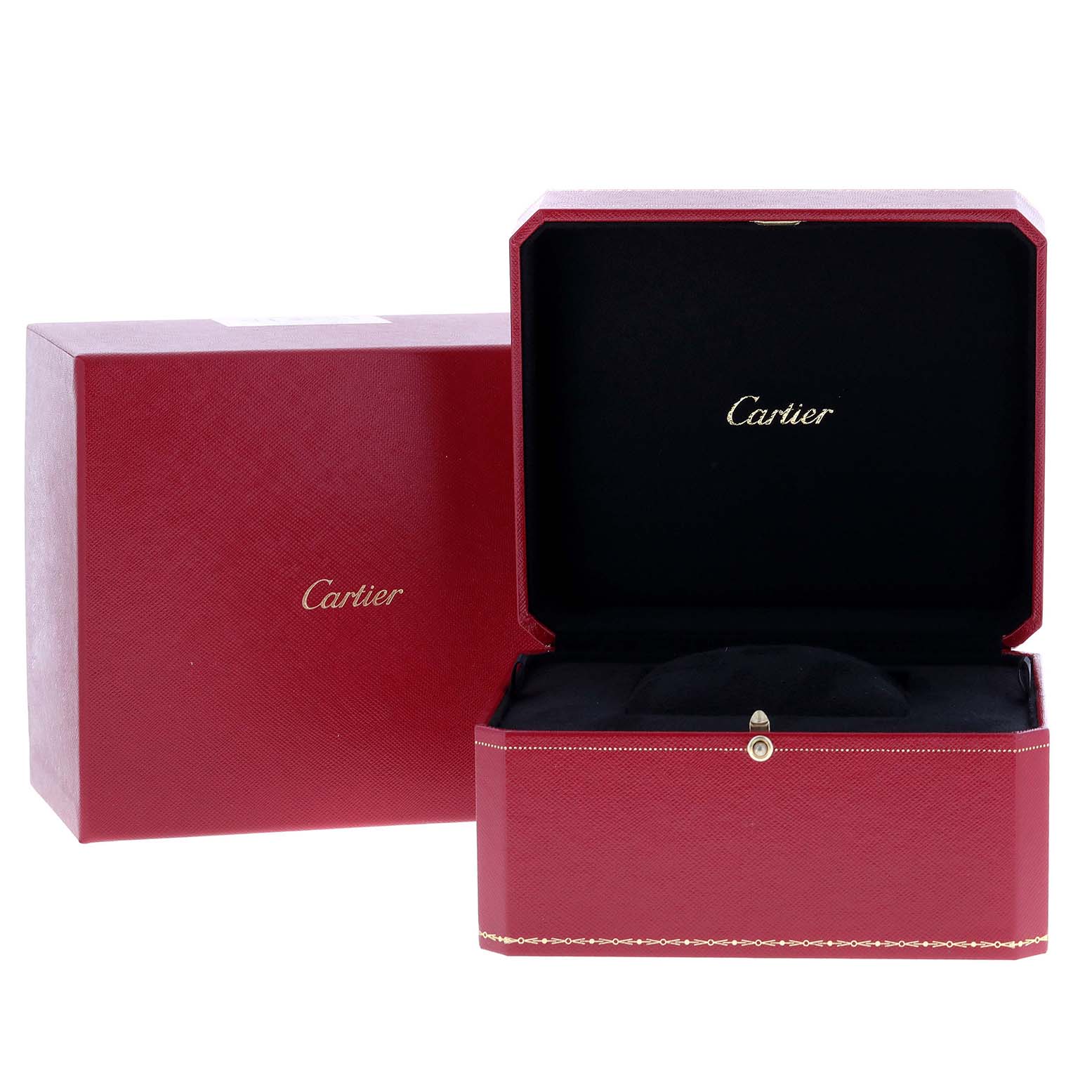 This image shows an opened Cartier watch box for the Santos model, revealing the interior and the outer packaging.
