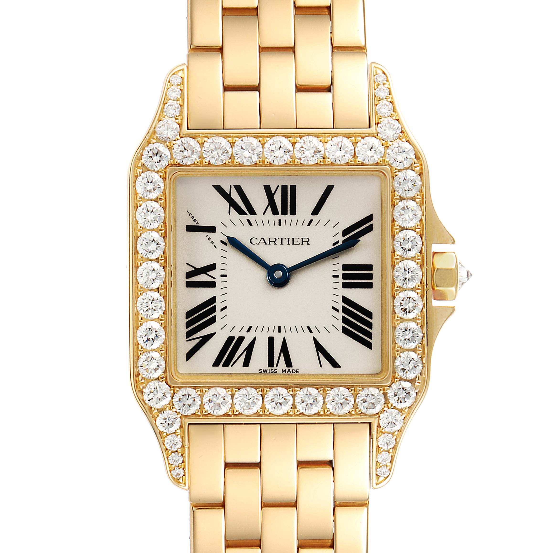 This is a front view of the Cartier Santos WF9002Y7 Men's Yellow Gold Silver Dial WF9002Y7 Men's Yellow Gold Silver Dial watch, showing its gold bracelet, diamond bezel, and square Roman numeral dial.