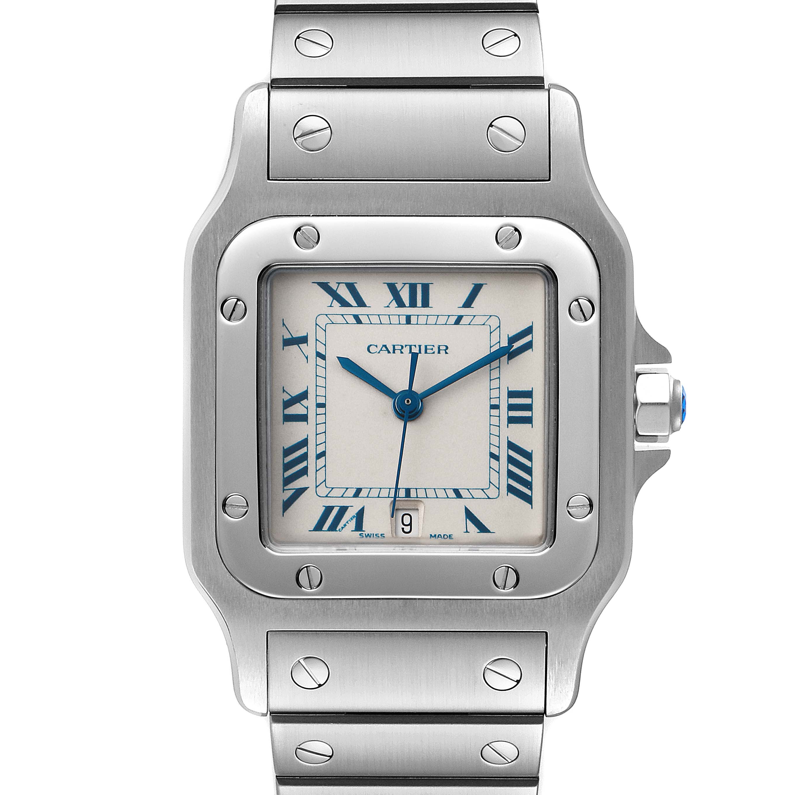 This image shows a close-up of the Cartier Santos W20060D6 Men's Stainless Steel Silver Dial W20060D6 Men's Stainless Steel Silver Dial watch from the front, displaying the face, bezel, and part of the bracelet.