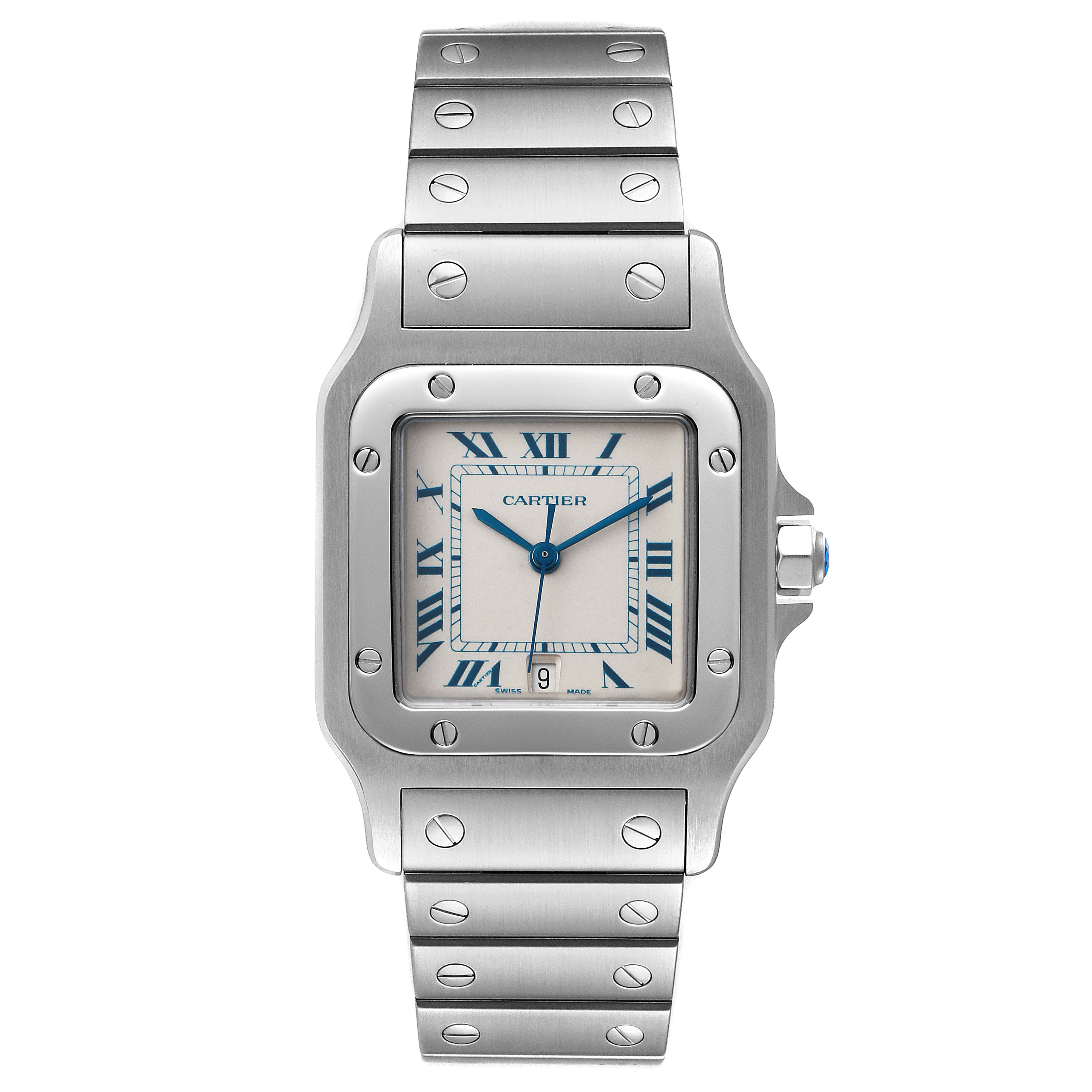 The image shows a front view of the Cartier Santos W20060D6 Men's Stainless Steel Silver Dial W20060D6 Men's Stainless Steel Silver Dial watch, highlighting the square face, Roman numerals, and metal bracelet.