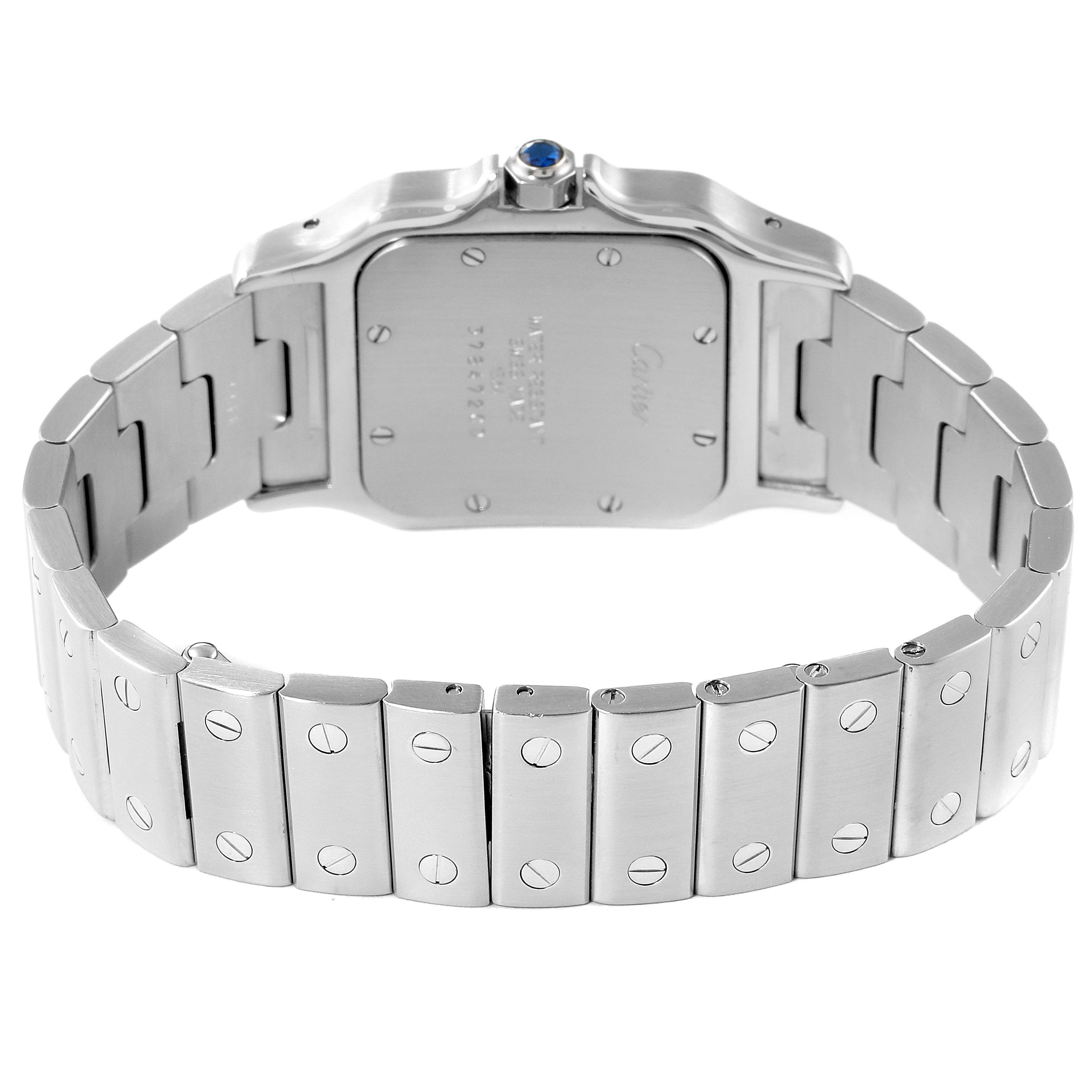 This image shows the back and bracelet of a Cartier Santos W20060D6 Men's Stainless Steel Silver Dial W20060D6 Men's Stainless Steel Silver Dial watch, highlighting the clasp and screw detailing.