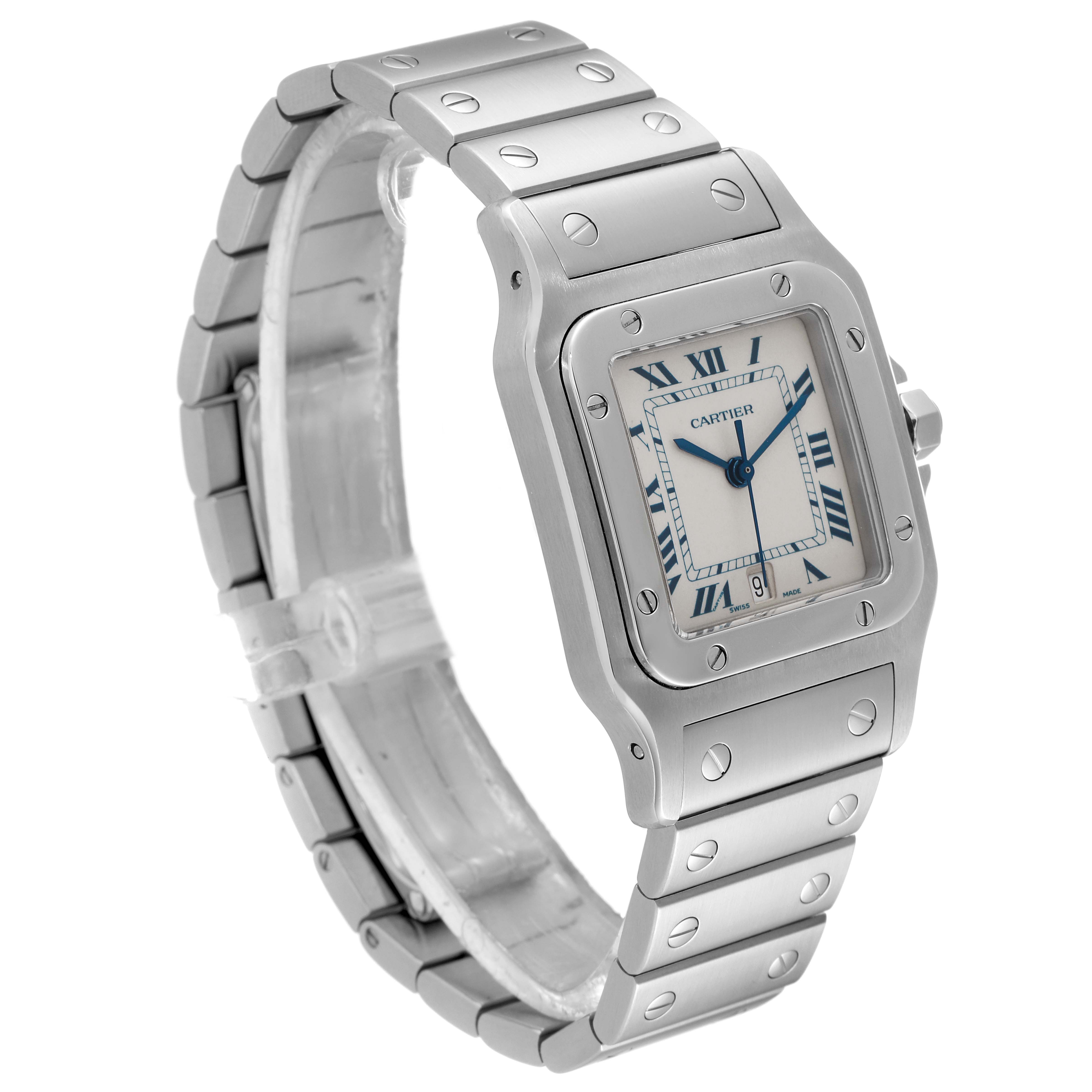 This image shows a three-quarter angle of a Cartier Santos W20060D6 Men's Stainless Steel Silver Dial W20060D6 Men's Stainless Steel Silver Dial watch, highlighting the face, bezel, and bracelet.