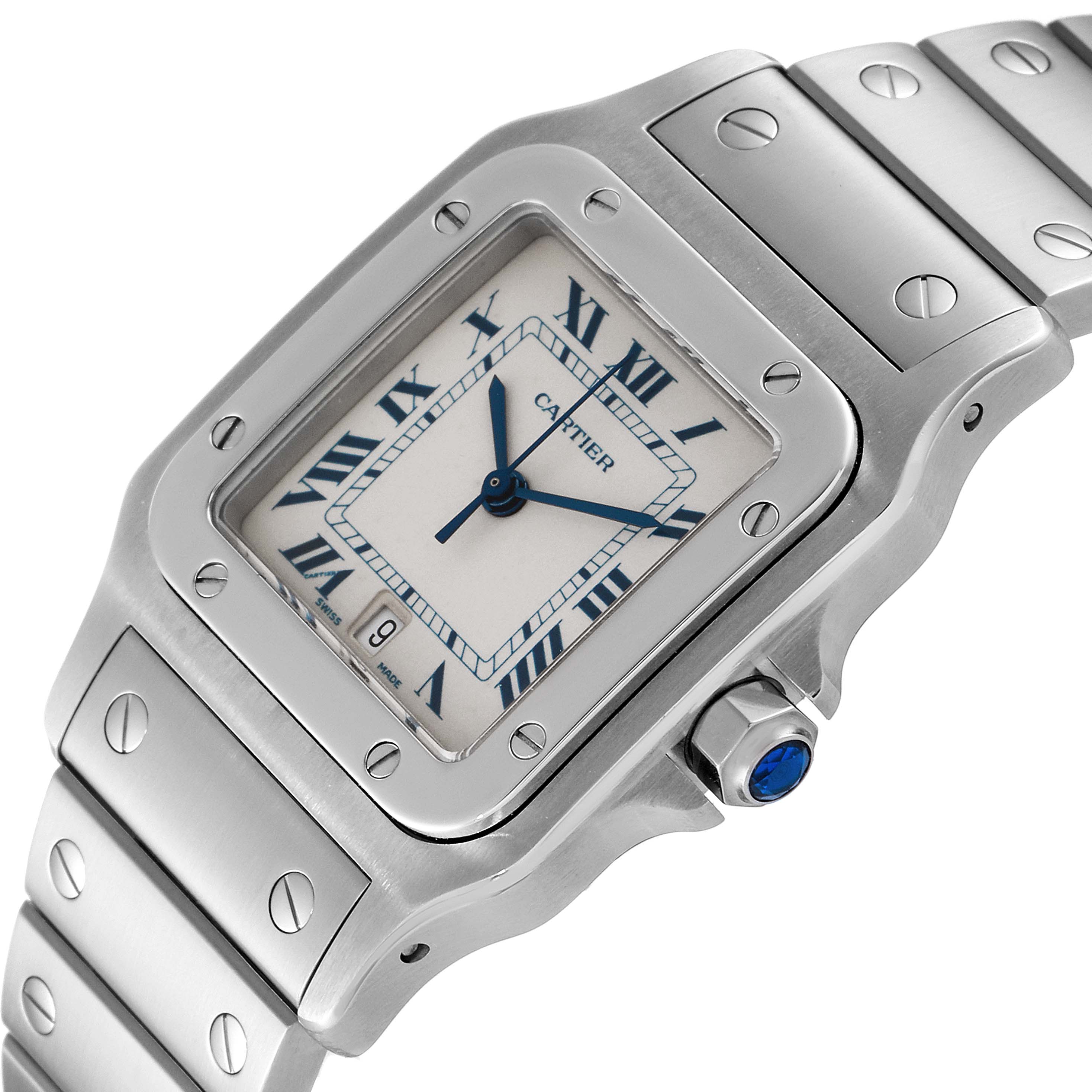 This image shows a Cartier Santos W20060D6 Men's Stainless Steel Silver Dial W20060D6 Men's Stainless Steel Silver Dial watch angled to display the face, crown, and part of the bracelet.