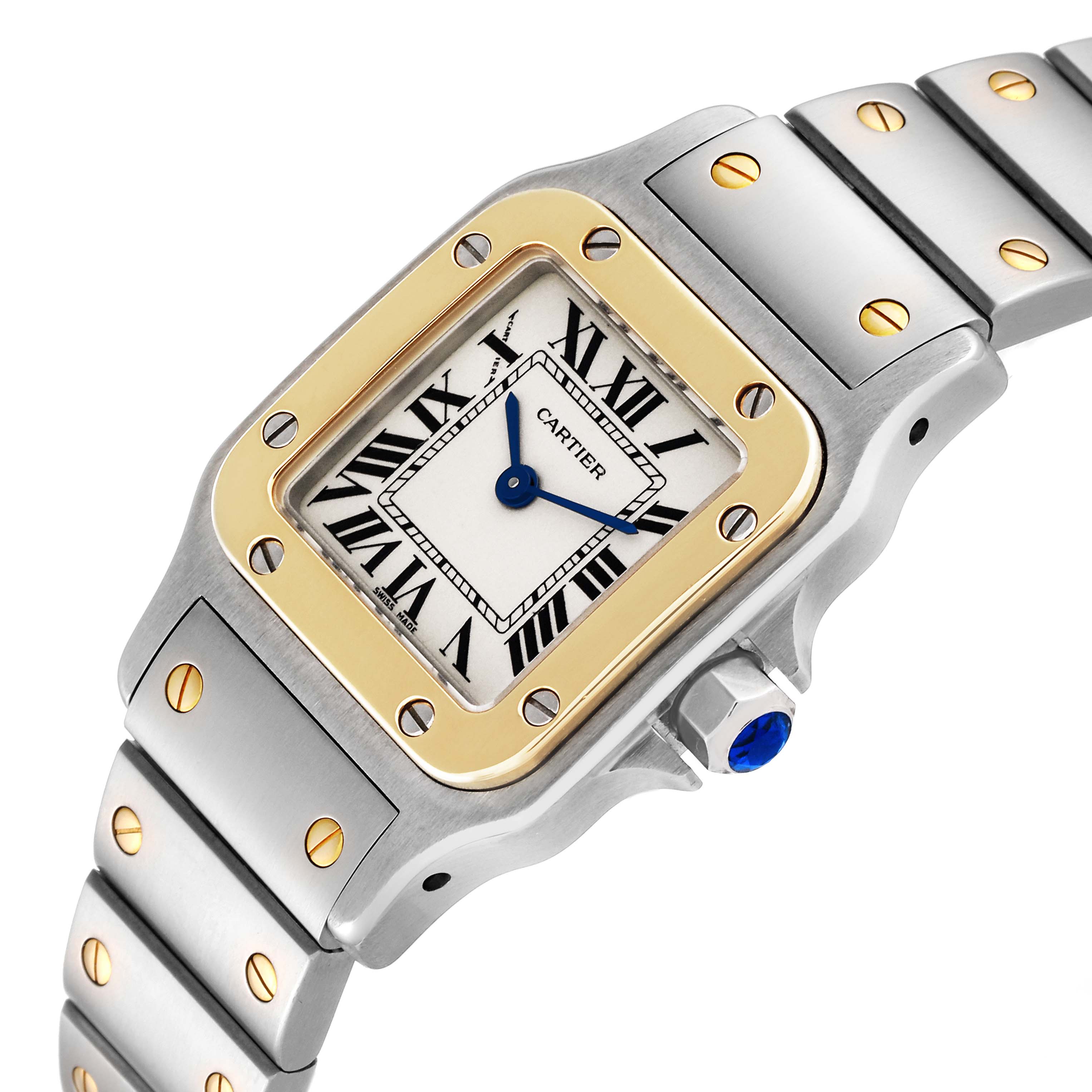 The image shows a close-up angle of the Cartier Santos W20012C4 Women's Steel and Gold (two tone) Silver Dial W20012C4 Women's Steel and Gold (two tone) Silver Dial watch, highlighting its face, bezel, and bracelet.