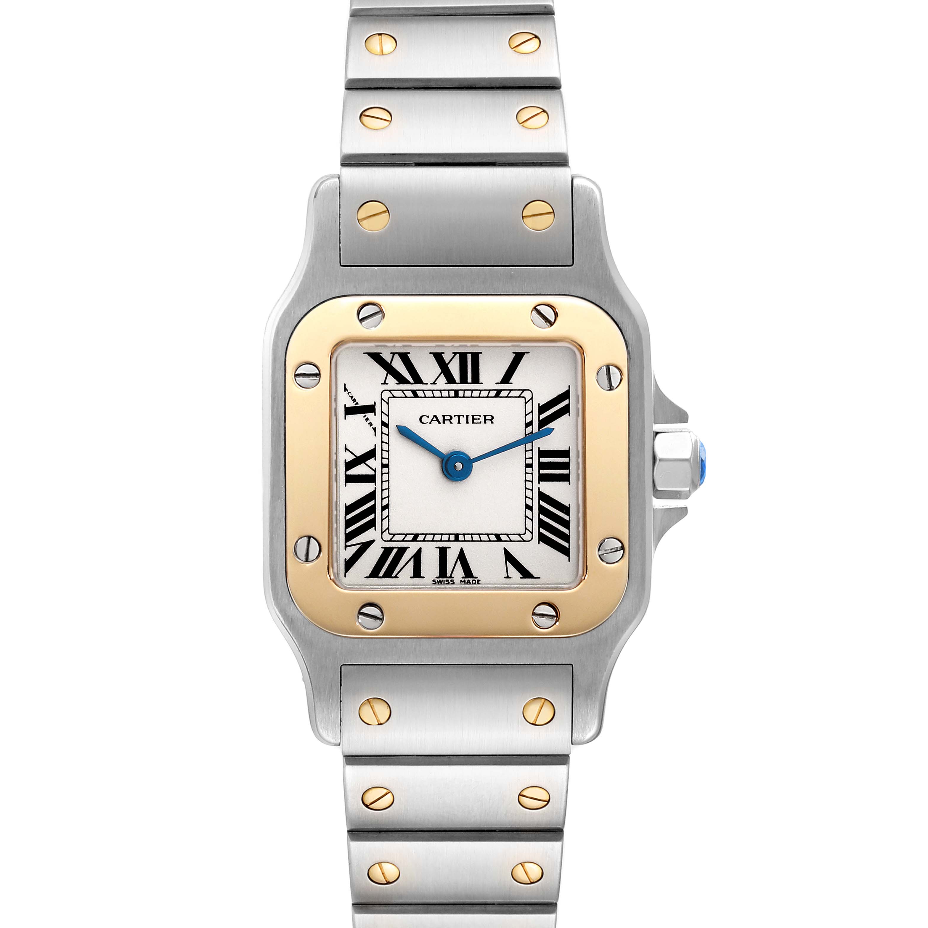 This image shows a front view of the Santos model watch by Cartier, highlighting the dial, bezel, and bracelet.
