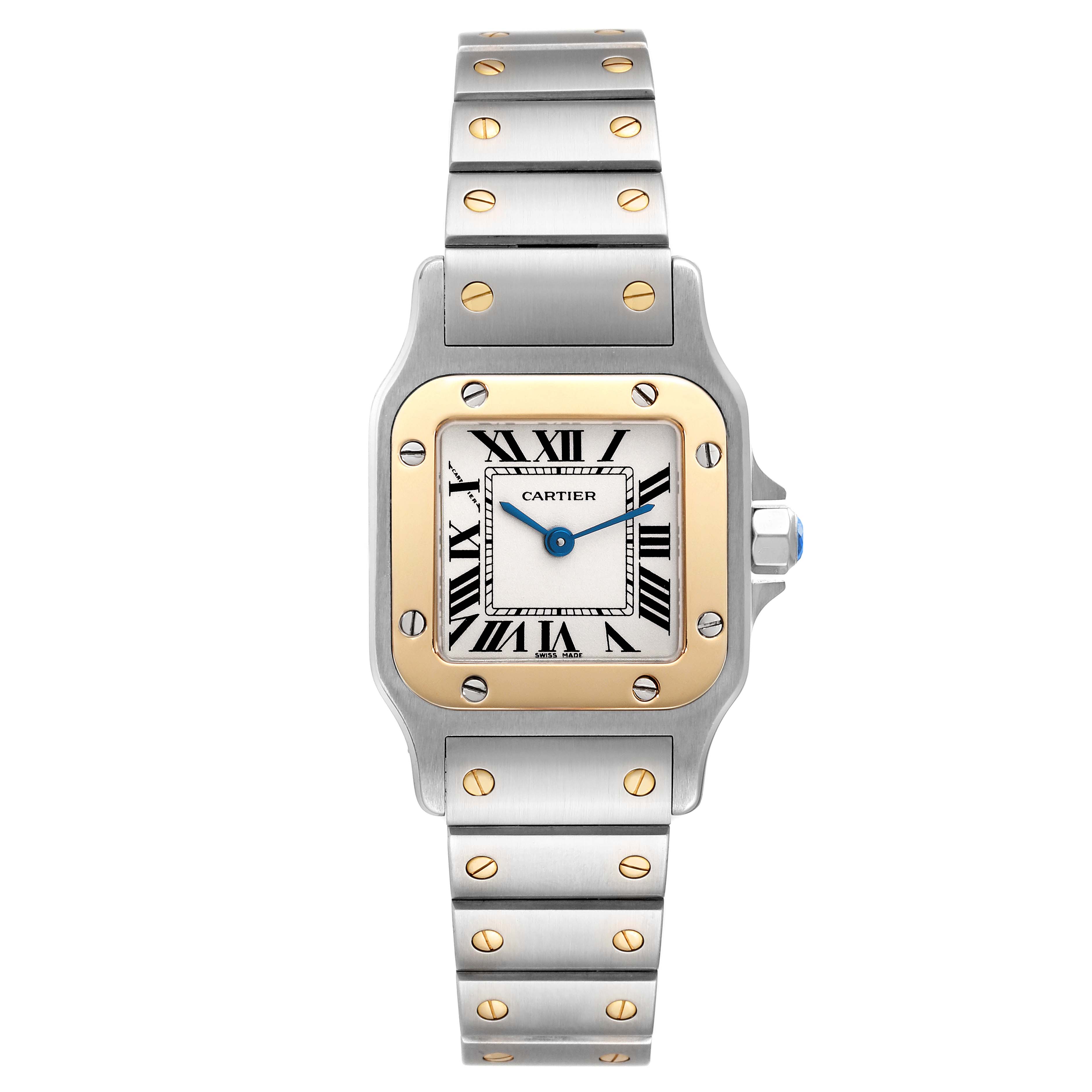 This image shows the front view of a Cartier Santos W20012C4 Women's Steel and Gold (two tone) Silver Dial W20012C4 Women's Steel and Gold (two tone) Silver Dial watch, highlighting its face, bezel, and bracelet.