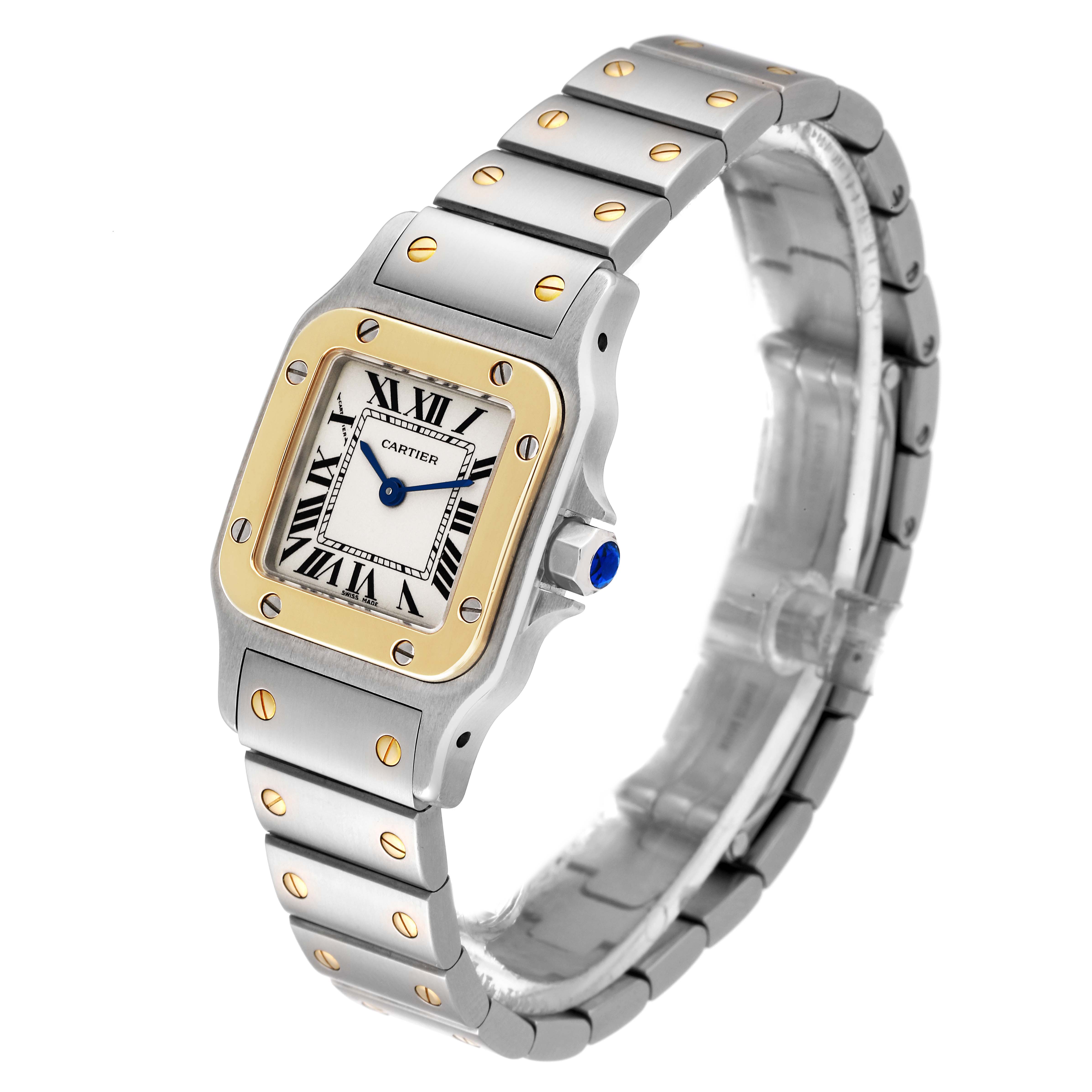 The image shows a 3/4 view of the Cartier Santos W20012C4 Women's Steel and Gold (two tone) Silver Dial W20012C4 Women's Steel and Gold (two tone) Silver Dial watch, highlighting its square face, metal bracelet, and screw details.