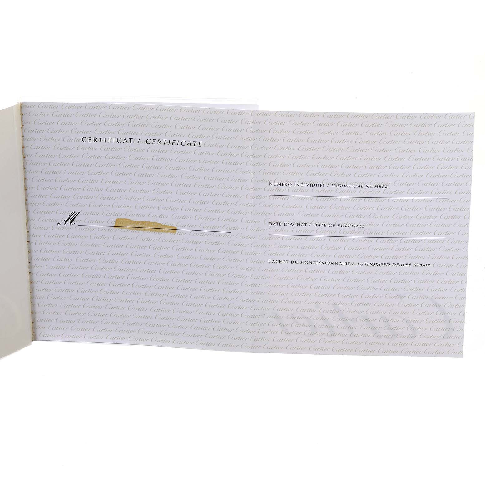 The image shows an open booklet form of the certificate for a Cartier Santos W20012C4 Women's Steel and Gold (two tone) Silver Dial W20012C4 Women's Steel and Gold (two tone) Silver Dial watch.
