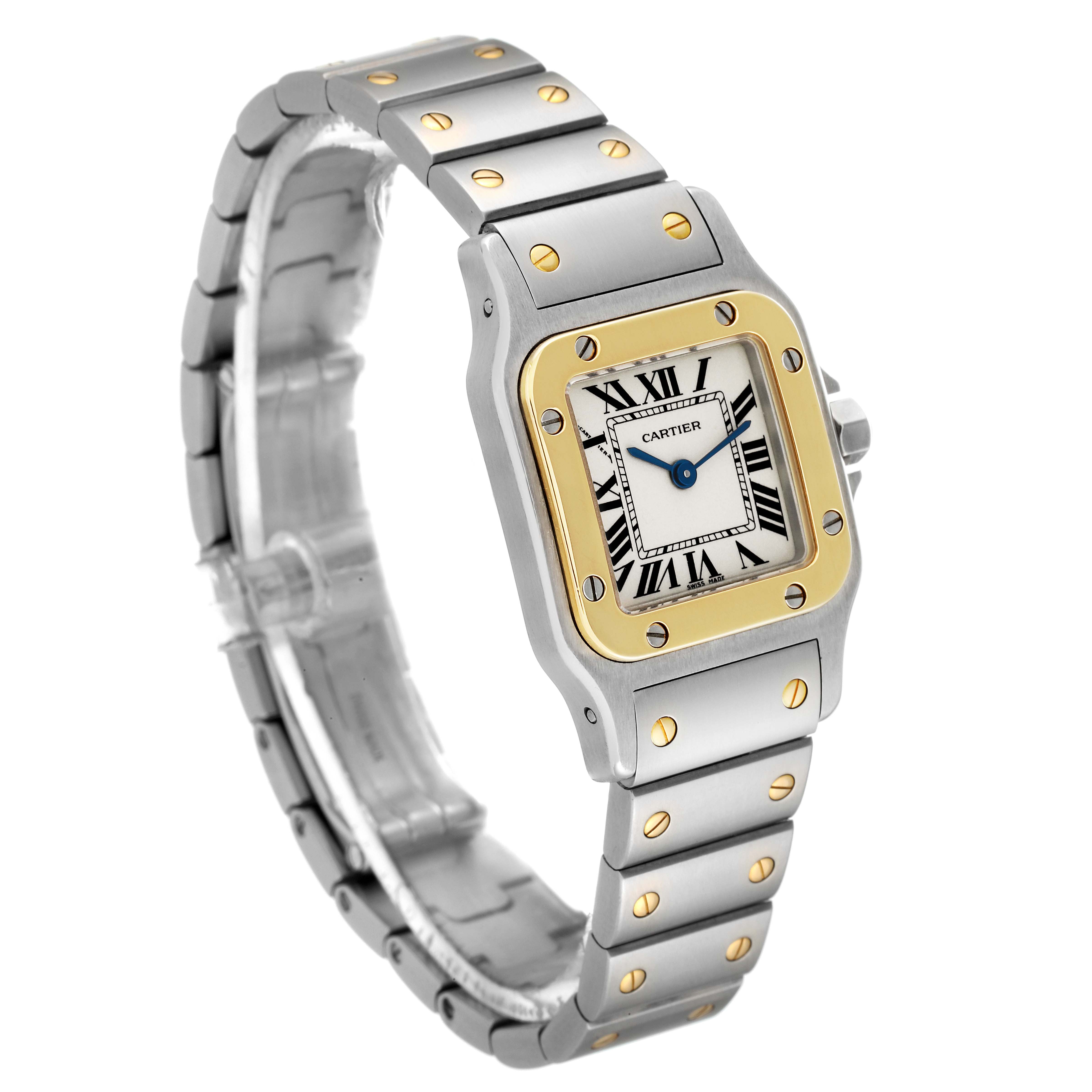 The Cartier Santos W20012C4 Women's Steel and Gold (two tone) Silver Dial W20012C4 Women's Steel and Gold (two tone) Silver Dial watch is shown at a three-quarter angle, highlighting its face, bezel, and bracelet.