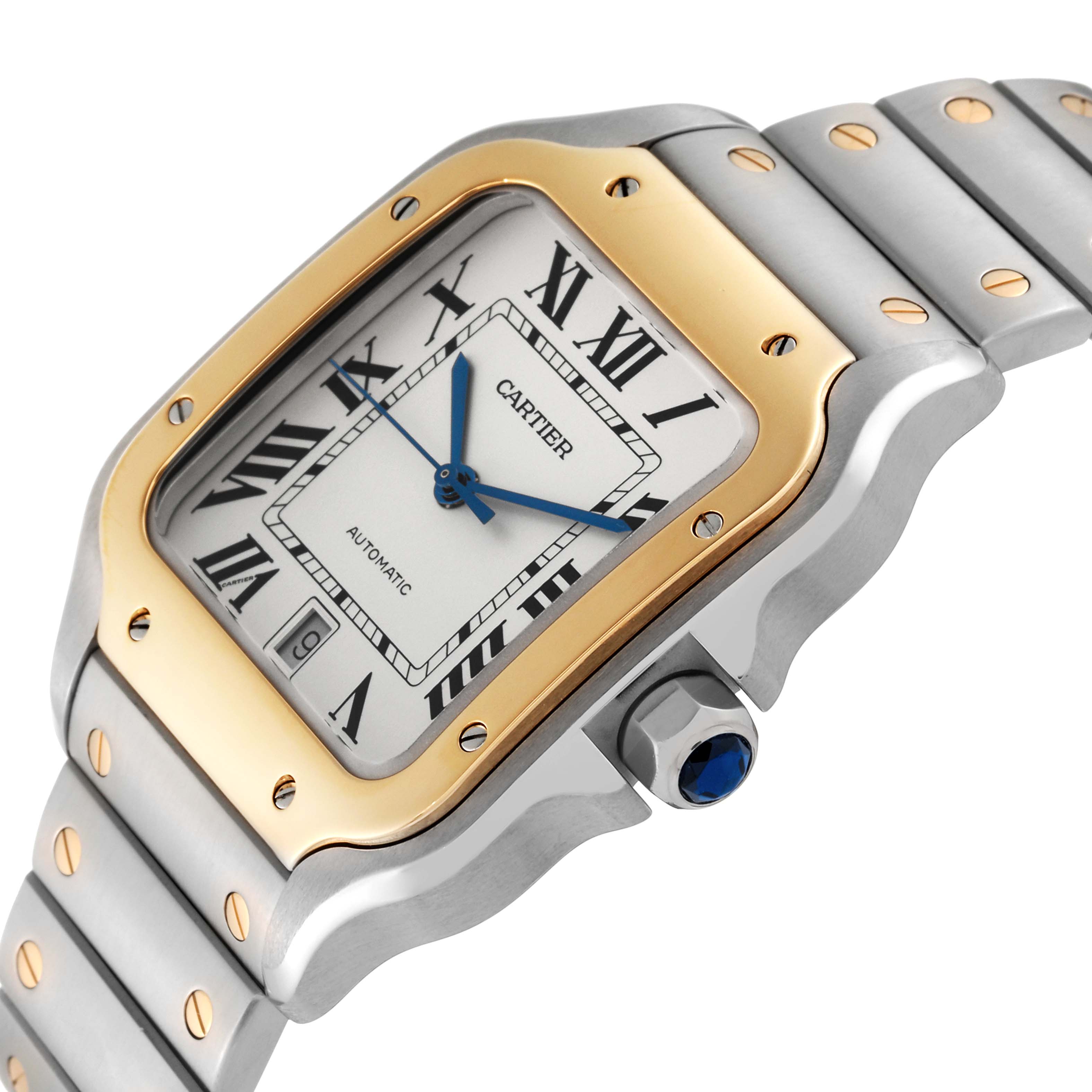 The Cartier Santos W2SA0006 Men
s Steel and Gold (two tone) Silver Dial W2SA0006 Men
s Steel and Gold (two tone) Silver Dial watch is shown at an angle highlighting the dial, crown, and part of the bracelet.