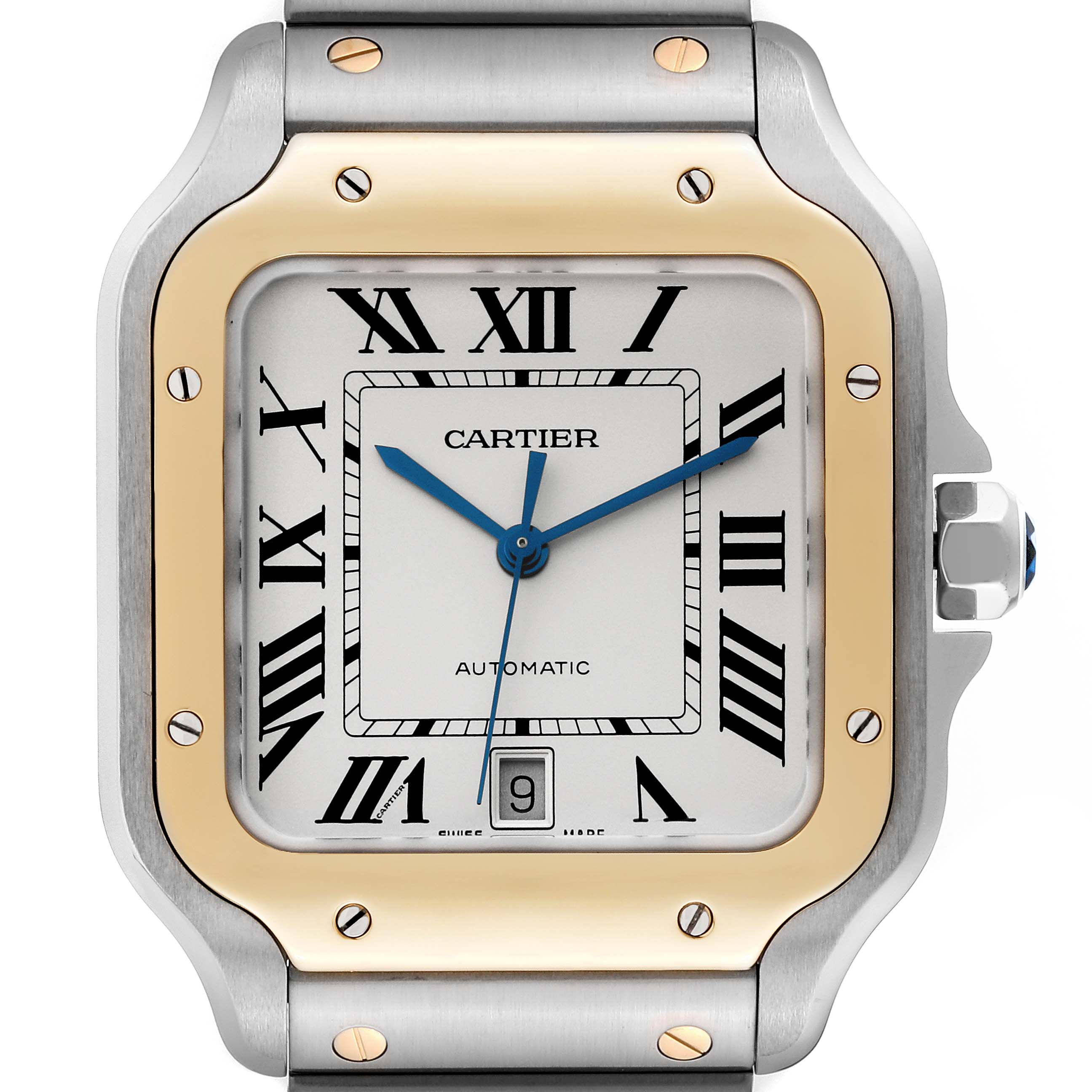 Close-up of the Cartier Santos W2SA0006 Men
s Steel and Gold (two tone) Silver Dial W2SA0006 Men
s Steel and Gold (two tone) Silver Dial watch face, showing the dial, hands, date window, and bezel screws.