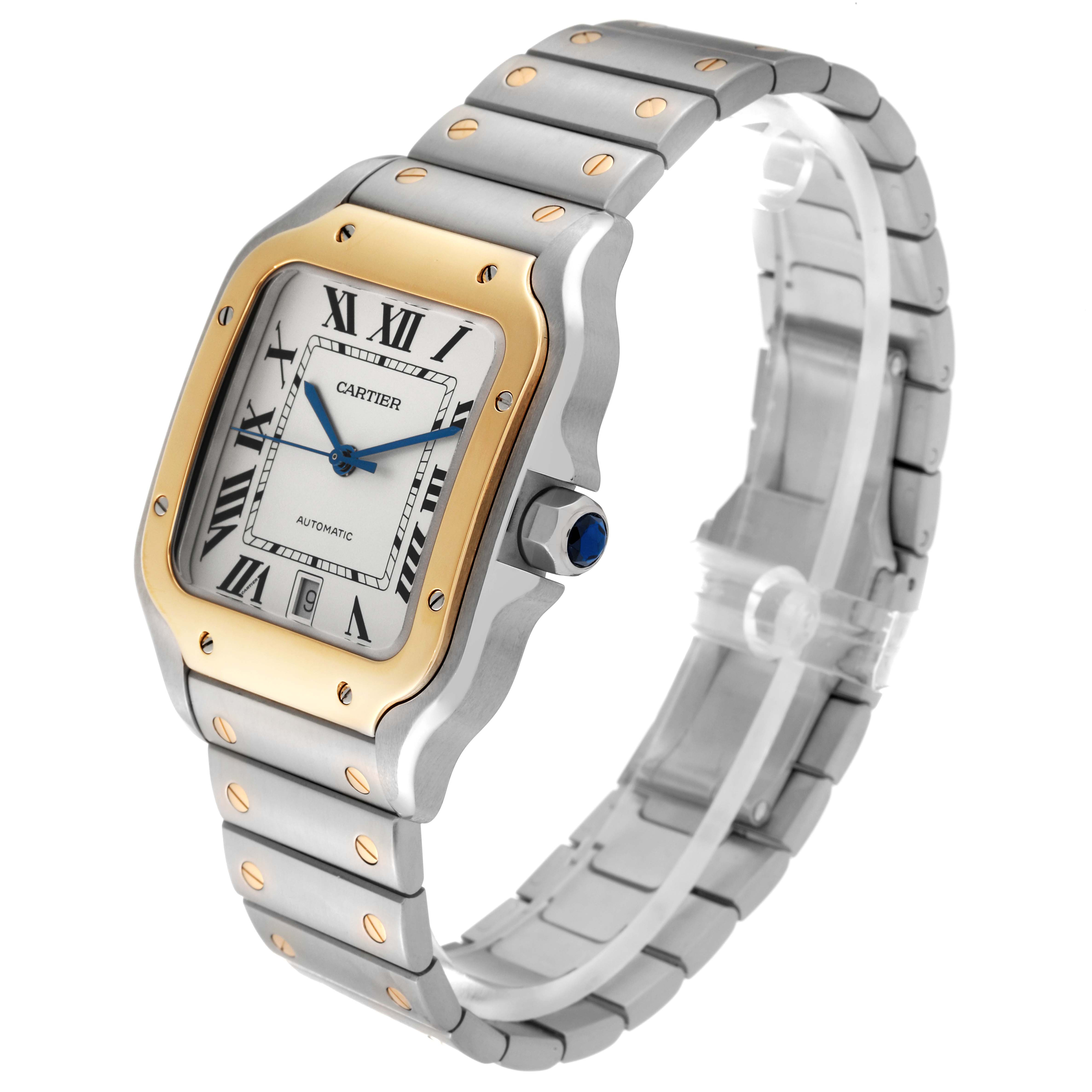 The image shows a three-quarter view of the Cartier Santos W2SA0006 Men
s Steel and Gold (two tone) Silver Dial W2SA0006 Men
s Steel and Gold (two tone) Silver Dial watch, highlighting its face, bezel, bracelet, and crown.