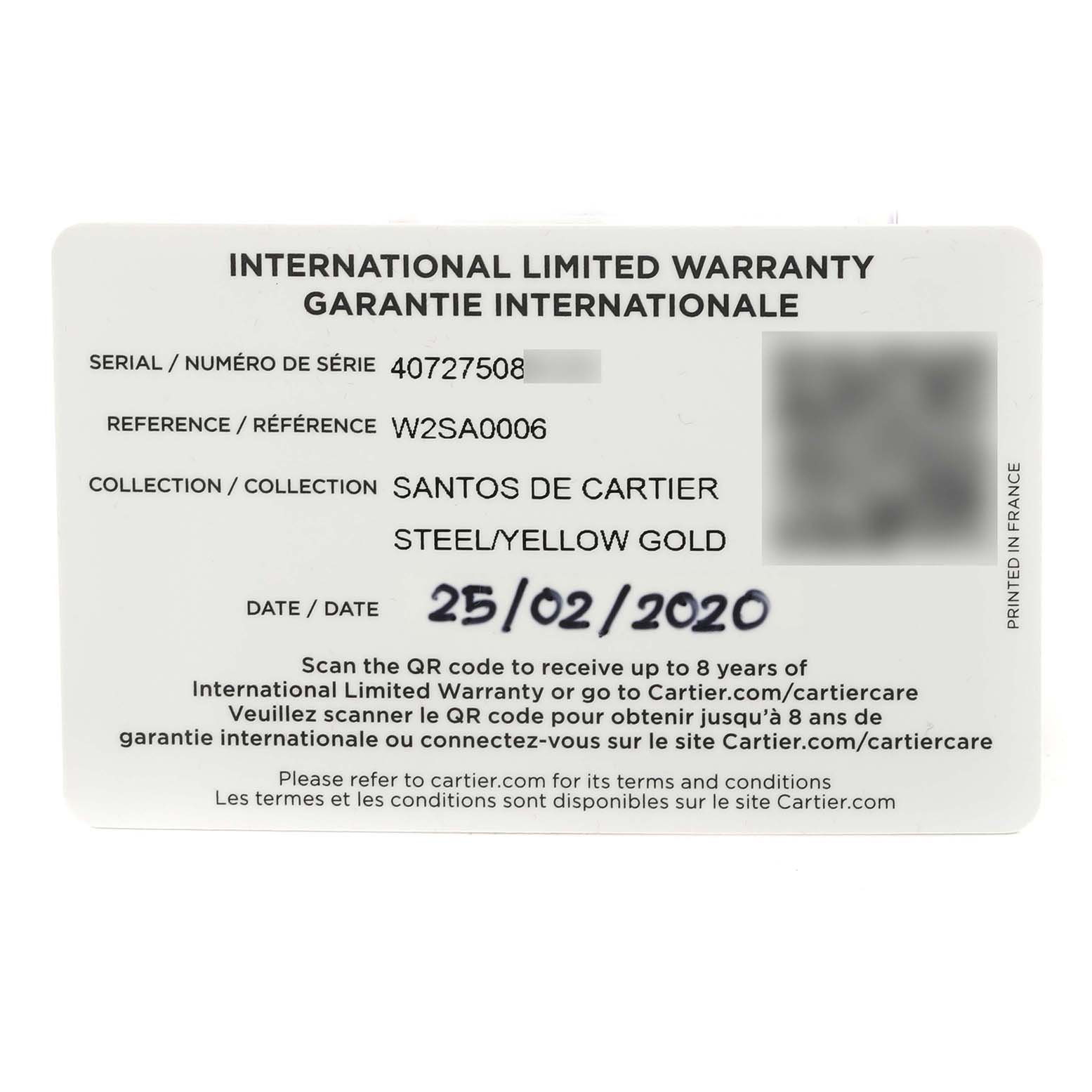 This is an image of an international limited warranty card for a Santos de Cartier watch, with details such as serial number, reference, and date.