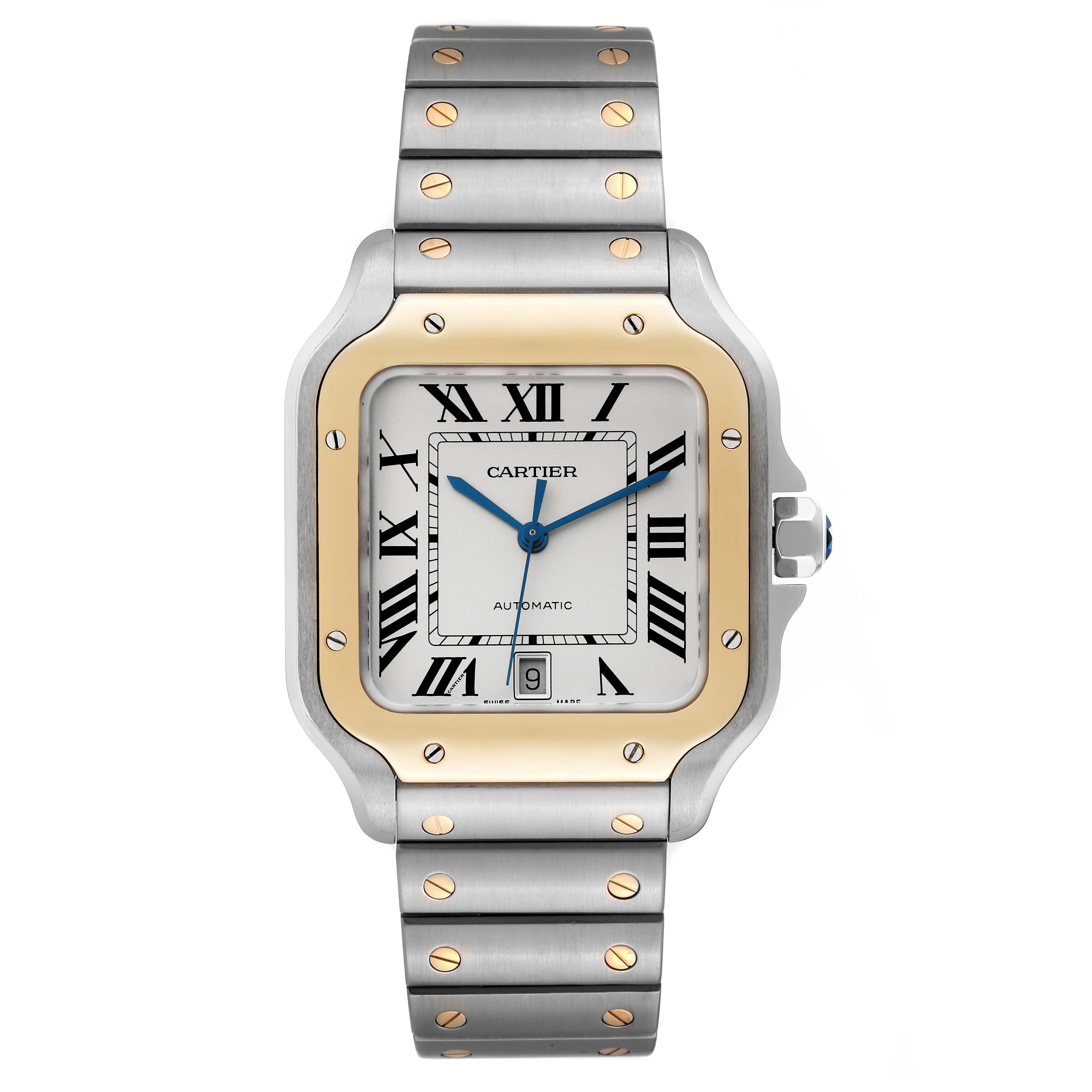 This image shows a front view of a Cartier Santos W2SA0006 Men
s Steel and Gold (two tone) Silver Dial W2SA0006 Men
s Steel and Gold (two tone) Silver Dial watch, displaying the face, hands, bezel, bracelet, and date window.