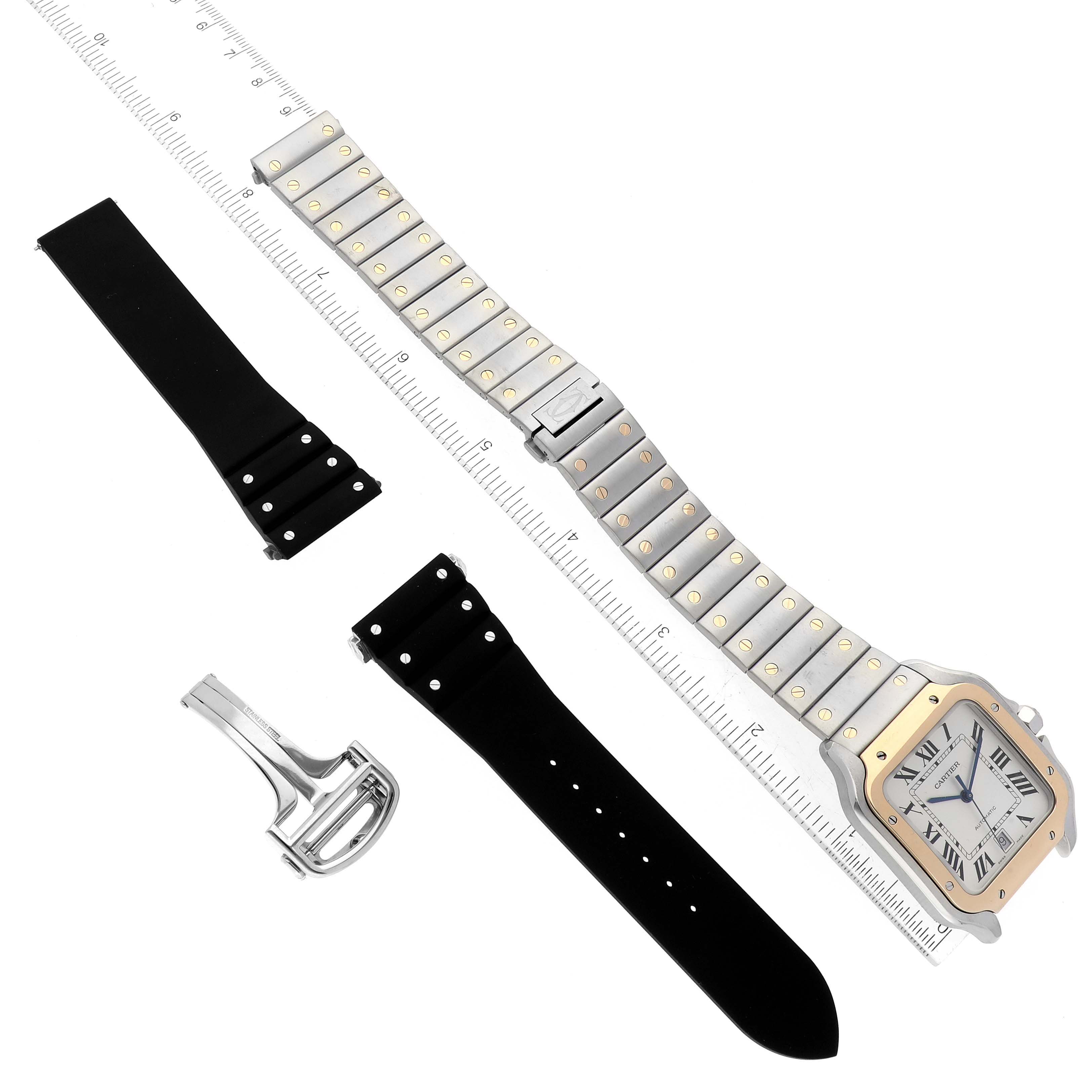 The image shows a Cartier Santos W2SA0006 Men
s Steel and Gold (two tone) Silver Dial W2SA0006 Men
s Steel and Gold (two tone) Silver Dial watch with a metal bracelet and additional black straps from a top-down angle.