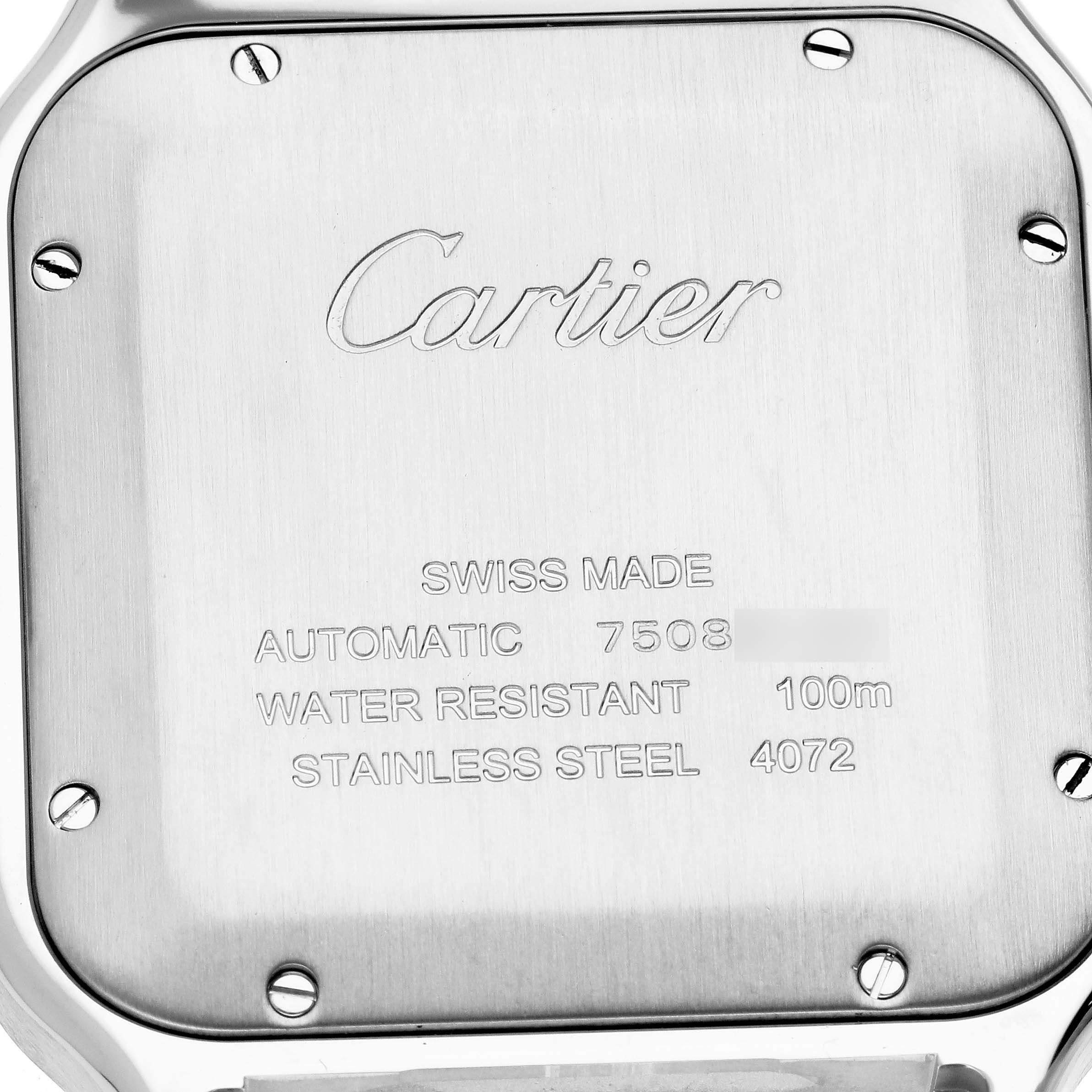 This image shows the back case of a Cartier Santos W2SA0006 Men
s Steel and Gold (two tone) Silver Dial W2SA0006 Men
s Steel and Gold (two tone) Silver Dial watch, highlighting its engravings and screws.