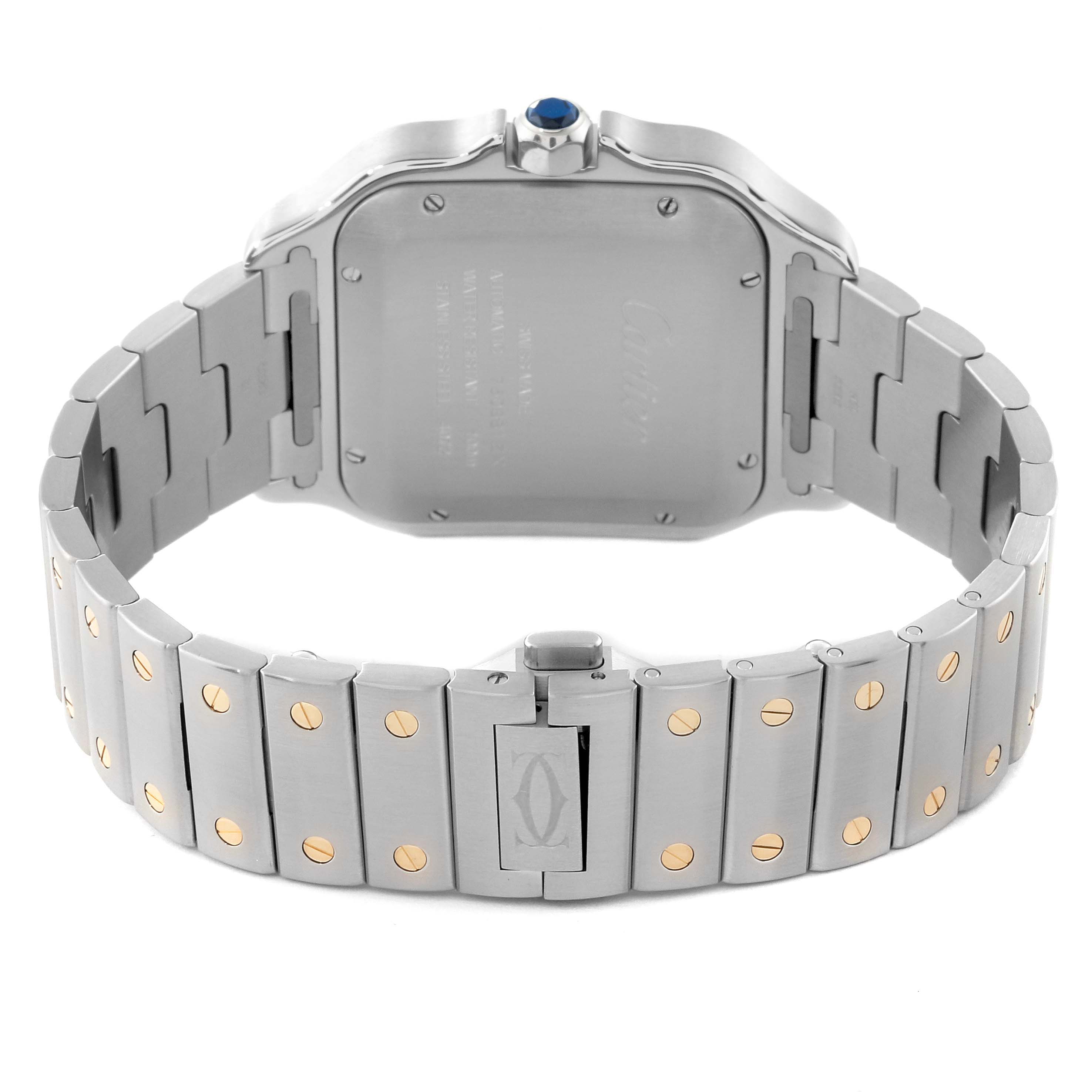 This image shows the back view of a Cartier Santos W2SA0006 Men
s Steel and Gold (two tone) Silver Dial W2SA0006 Men
s Steel and Gold (two tone) Silver Dial watch, highlighting the stainless steel bracelet with gold screws and the engravings on the case back.
