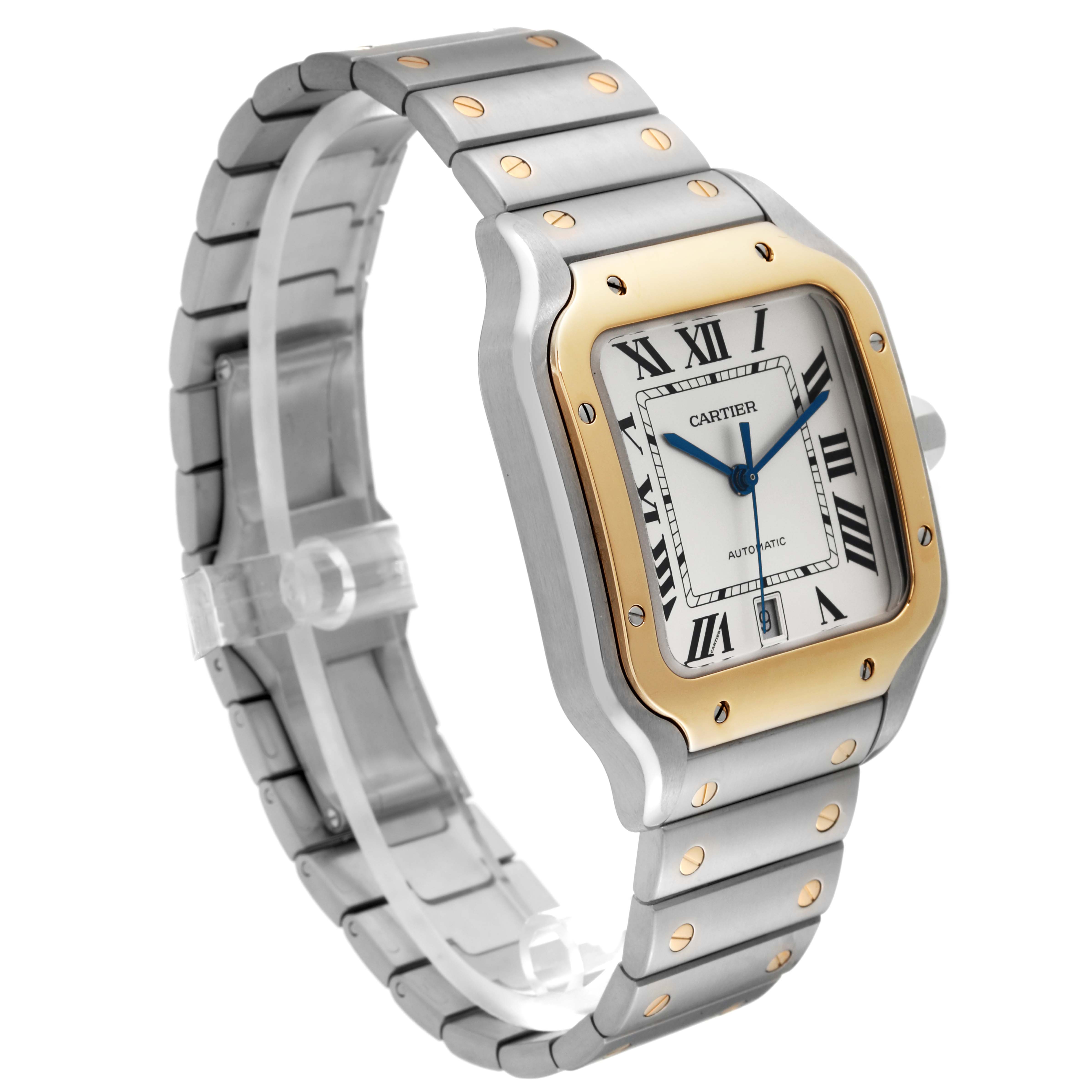 The Cartier Santos W2SA0006 Men
s Steel and Gold (two tone) Silver Dial W2SA0006 Men
s Steel and Gold (two tone) Silver Dial model watch is shown at a slight left angle, highlighting the face, bezel, and the metal bracelet.