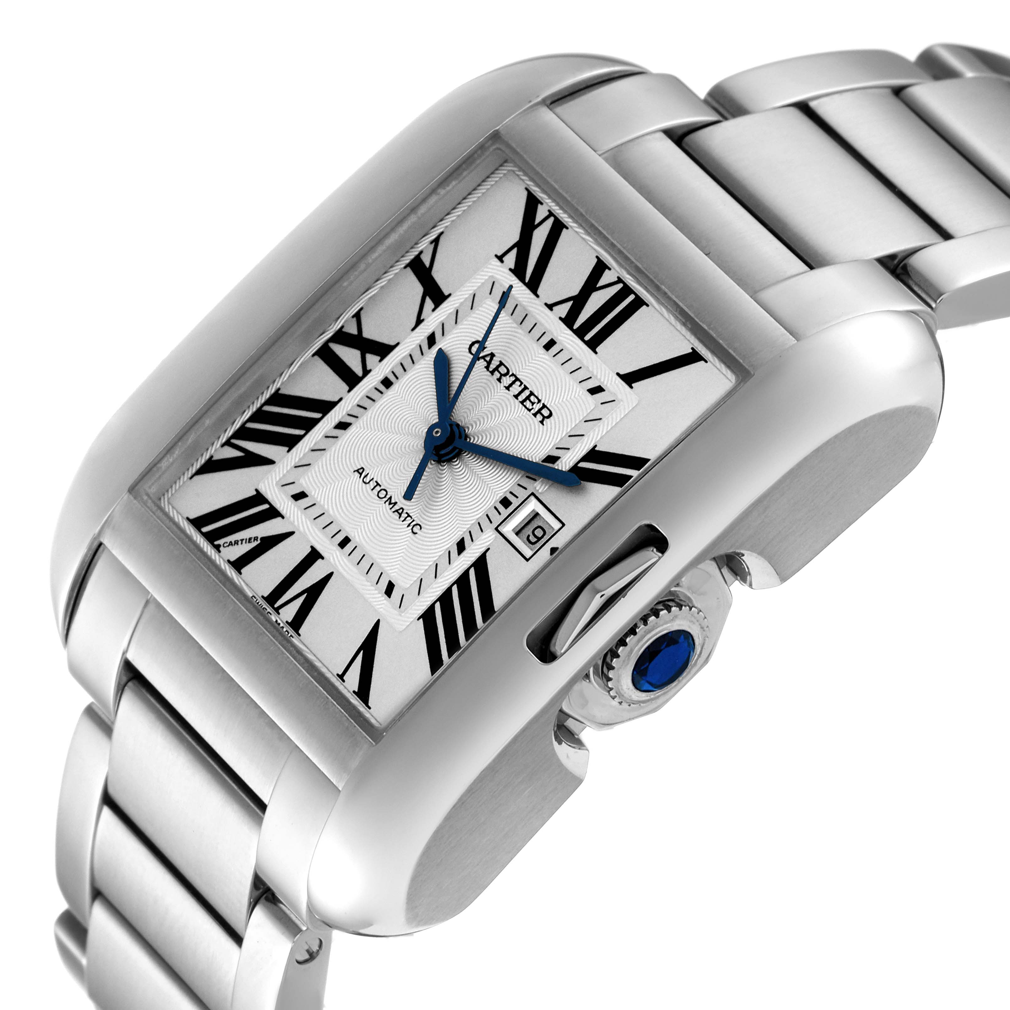 The image shows a close-up angle of the Cartier Tank Anglaise W5310009 Men's Stainless Steel Silver Dial W5310009 Men's Stainless Steel Silver Dial watch, displaying the dial, crown, and part of the bracelet.