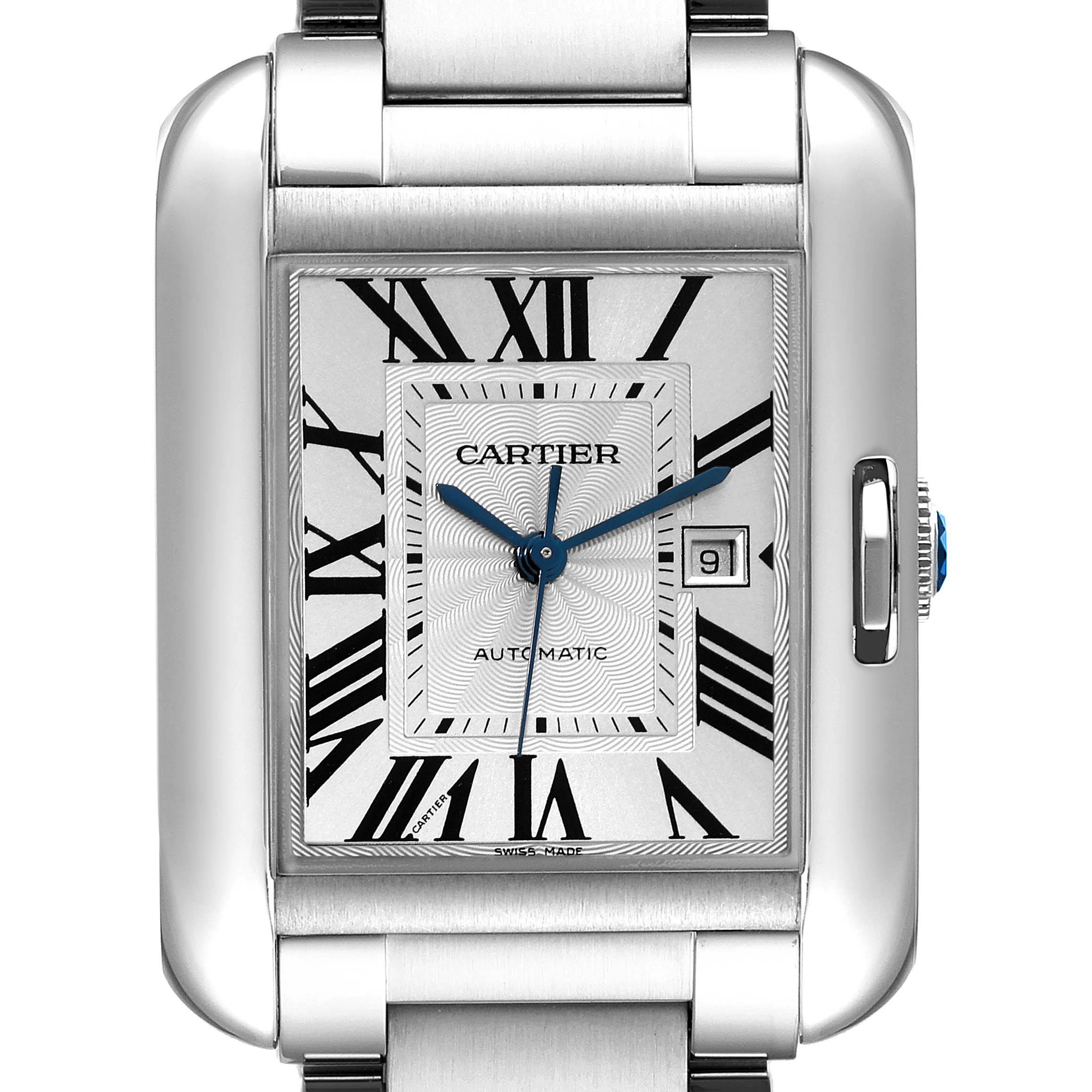 This image shows a close-up of the Cartier Tank Anglaise W5310009 Men's Stainless Steel Silver Dial W5310009 Men's Stainless Steel Silver Dial watch face, highlighting the dial, Roman numerals, date window, and bracelet.