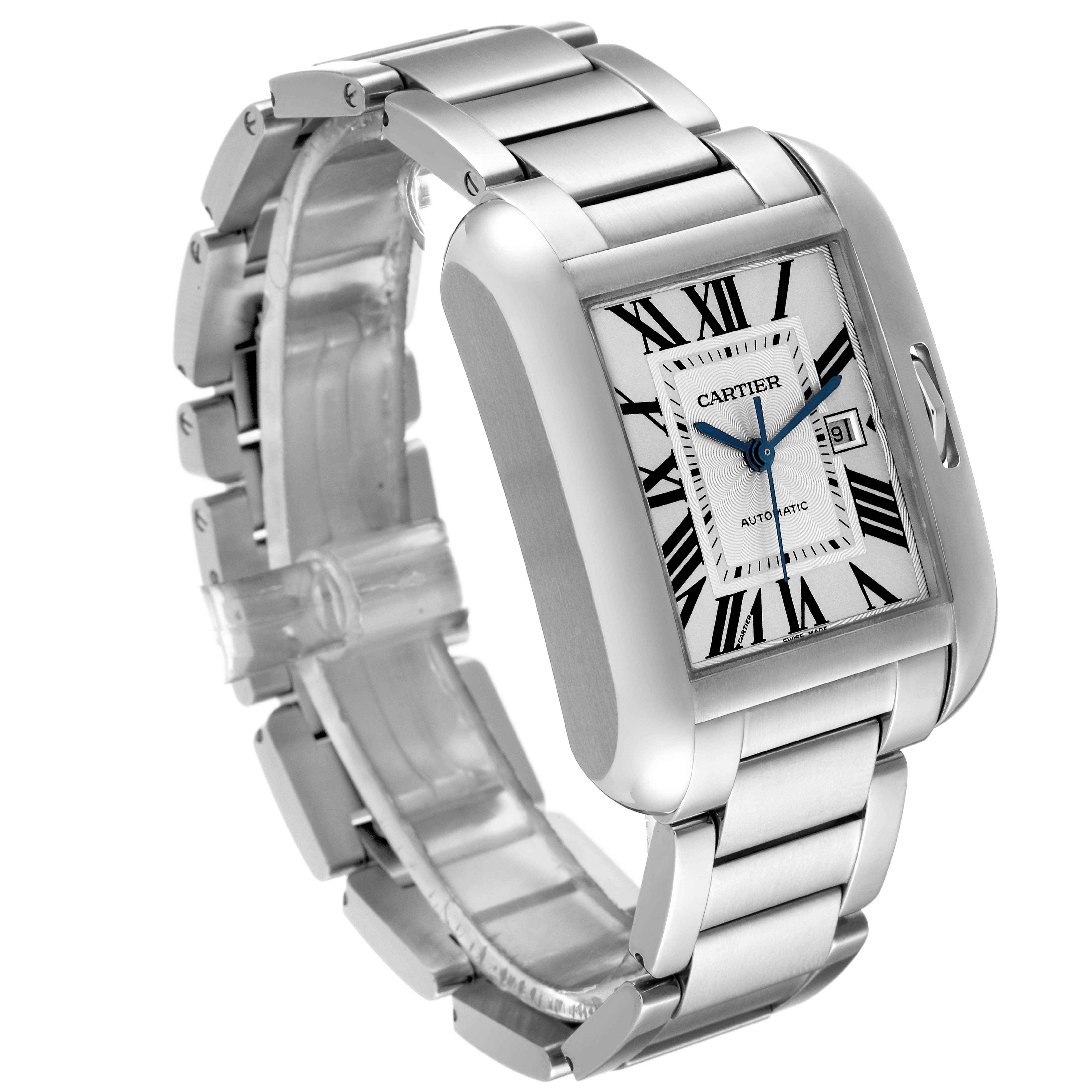 This image shows a Cartier Tank Anglaise W5310009 Men's Stainless Steel Silver Dial W5310009 Men's Stainless Steel Silver Dial watch at a slight angle, highlighting its face, case, and metal bracelet.