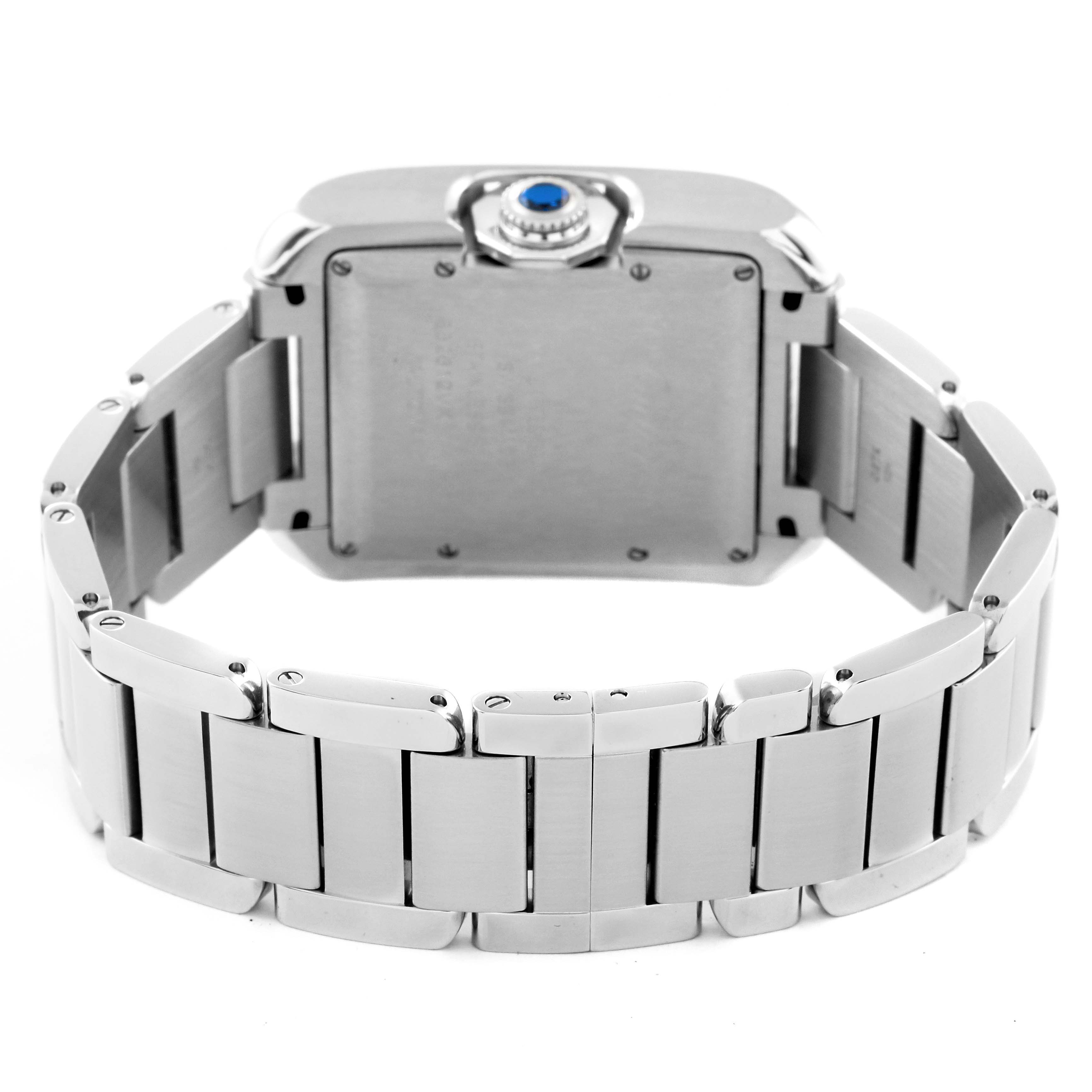 The image shows the back view of a Cartier Tank Anglaise W5310009 Men's Stainless Steel Silver Dial W5310009 Men's Stainless Steel Silver Dial watch, emphasizing the bracelet and caseback details.