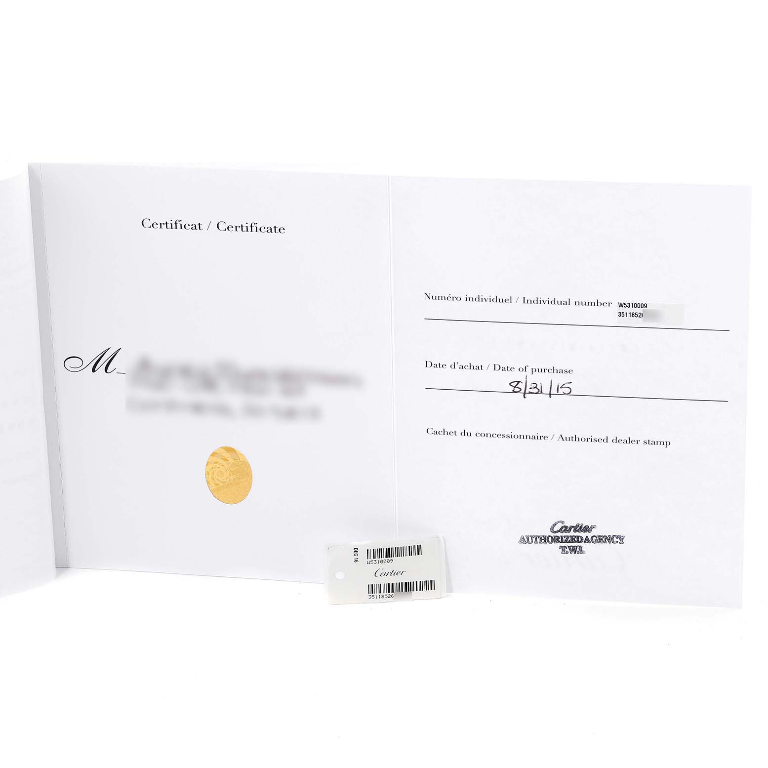 The image shows the certificate and tags for a Cartier Tank Anglaise W5310009 Men's Stainless Steel Silver Dial W5310009 Men's Stainless Steel Silver Dial watch, including purchase date and individual number.