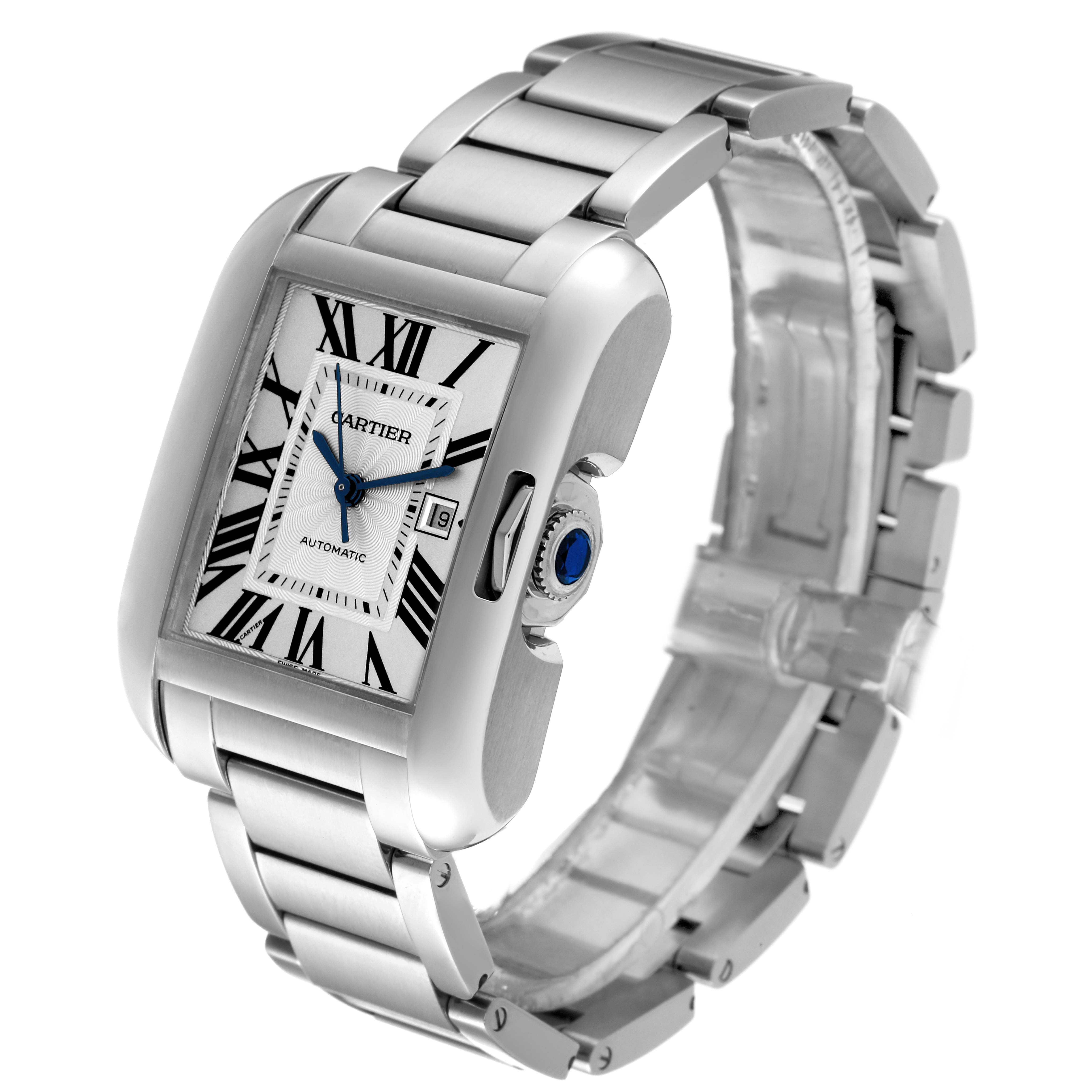 The image shows a Cartier Tank Anglaise W5310009 Men's Stainless Steel Silver Dial W5310009 Men's Stainless Steel Silver Dial watch from a three-quarter angle, highlighting the dial, bracelet, and side crown.