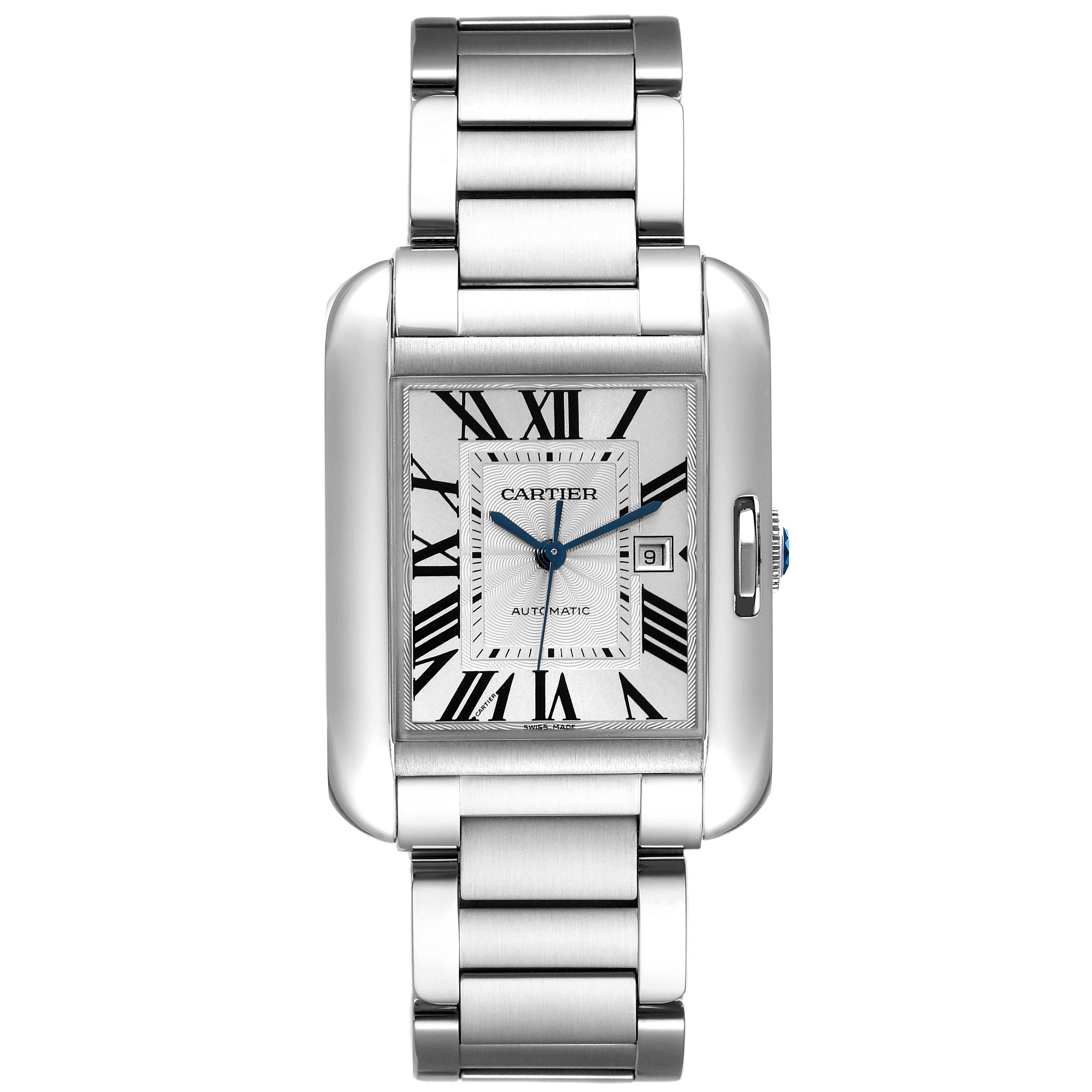 This is a full frontal view of a Cartier Tank Anglaise W5310009 Men's Stainless Steel Silver Dial W5310009 Men's Stainless Steel Silver Dial model, showcasing its rectangular face, Roman numerals, and metal bracelet.
