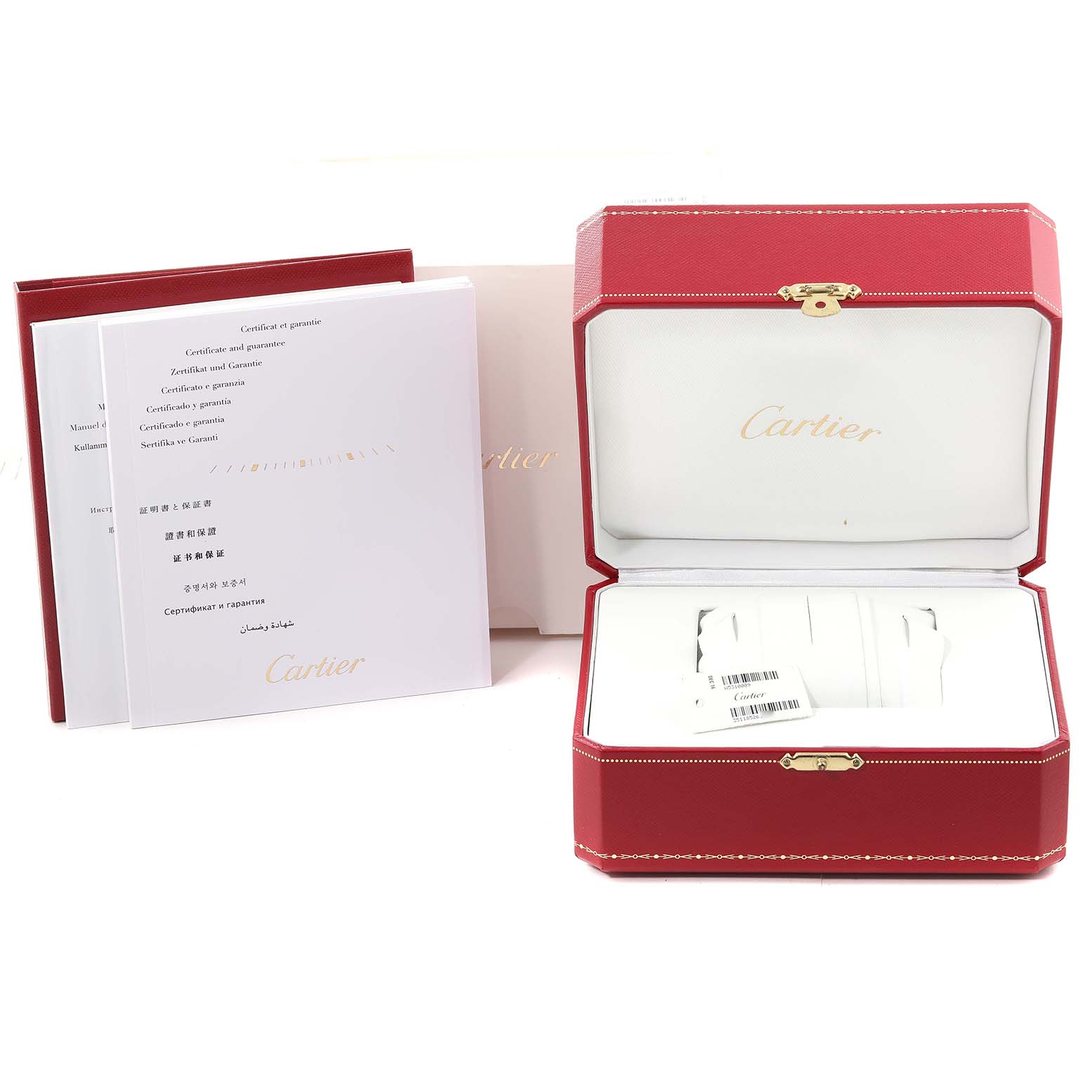 The image shows an open Cartier Tank Anglaise W5310009 Men's Stainless Steel Silver Dial W5310009 Men's Stainless Steel Silver Dial watch box, warranty cards, and manuals placed around it.