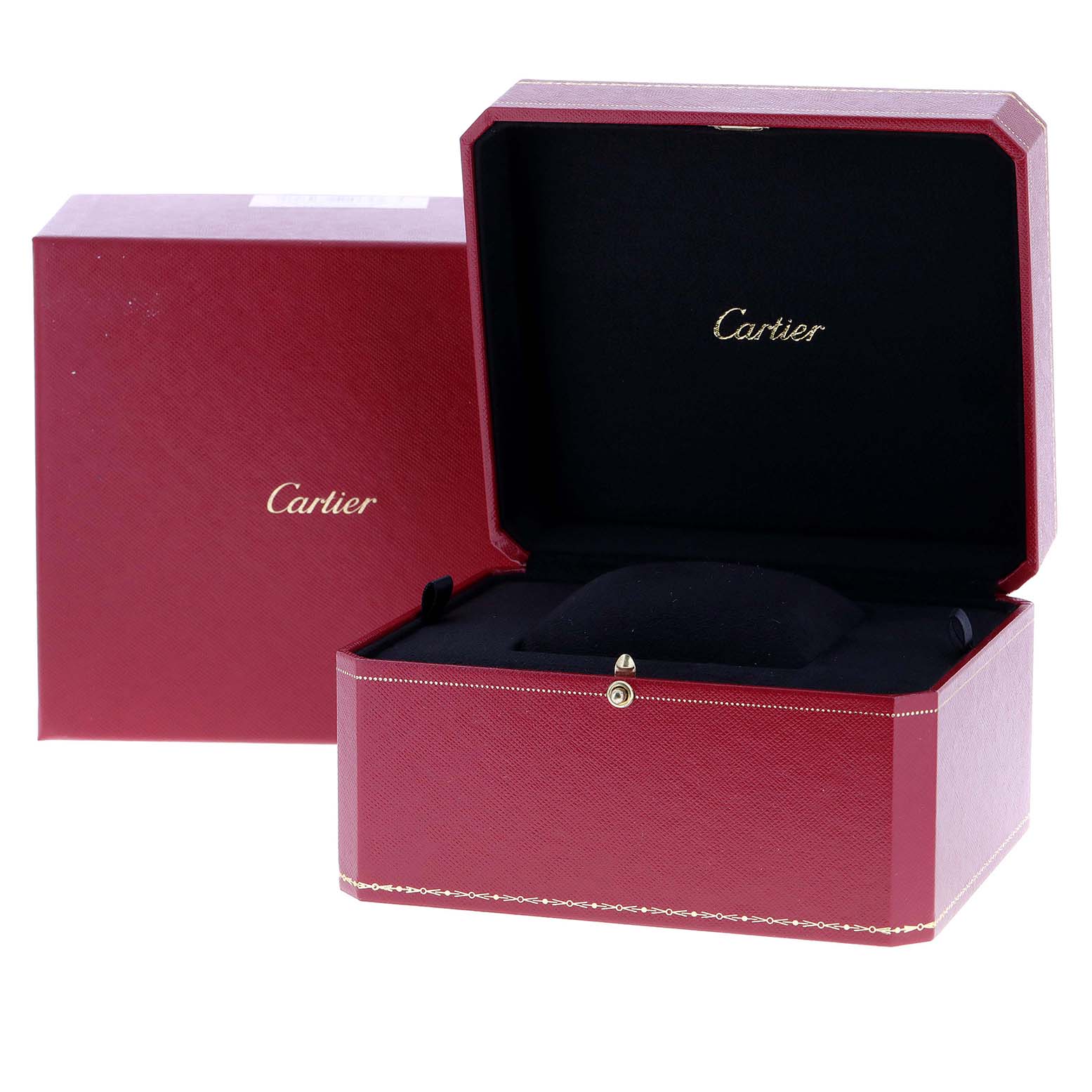 This image shows an open Cartier Tank Francaise W51024Q3 Men's Stainless Steel Silver Dial W51024Q3 Men's Stainless Steel Silver Dial watch box and its outer packaging from a front angle.