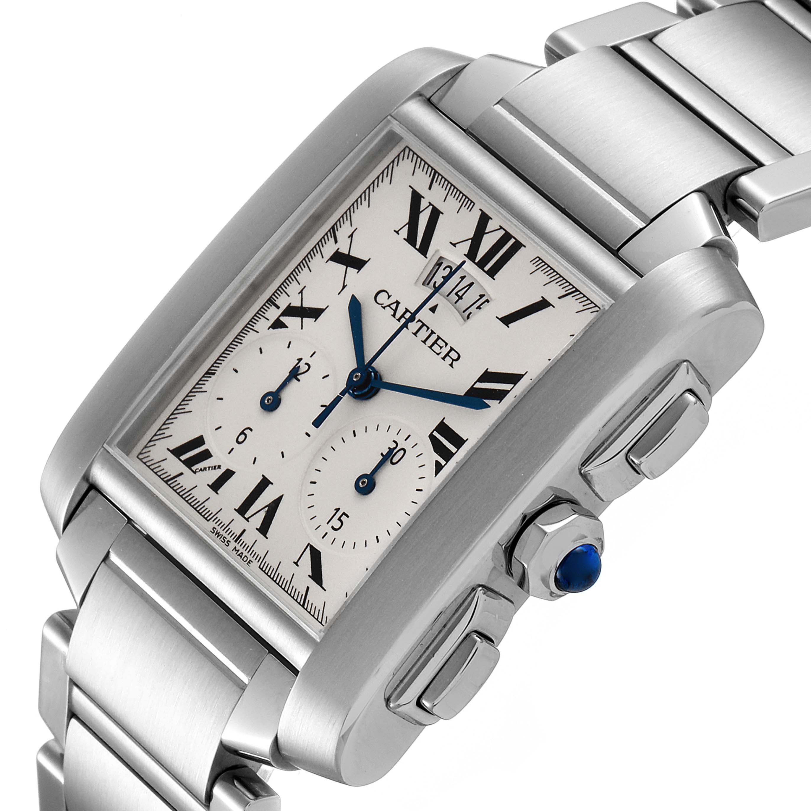 The image shows a close-up side angle of the Cartier Tank Francaise W51024Q3 Men's Stainless Steel Silver Dial W51024Q3 Men's Stainless Steel Silver Dial watch highlighting its dial, crown, and buttons.
