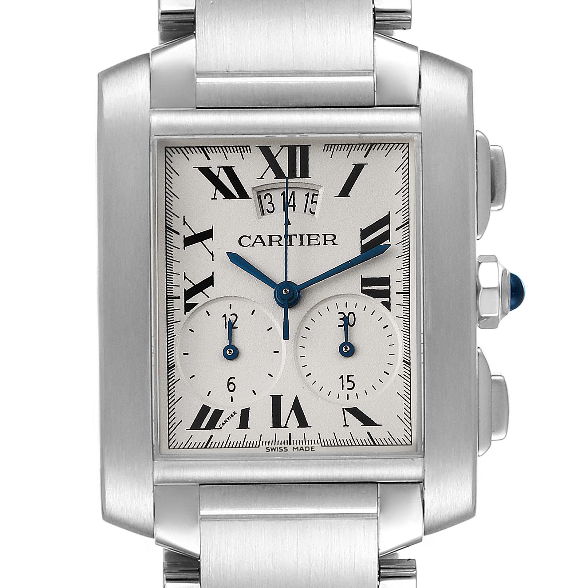 This image shows a front view of a Cartier Tank Francaise W51024Q3 Men's Stainless Steel Silver Dial W51024Q3 Men's Stainless Steel Silver Dial watch displaying its face, dials, case, and partial bracelet.
