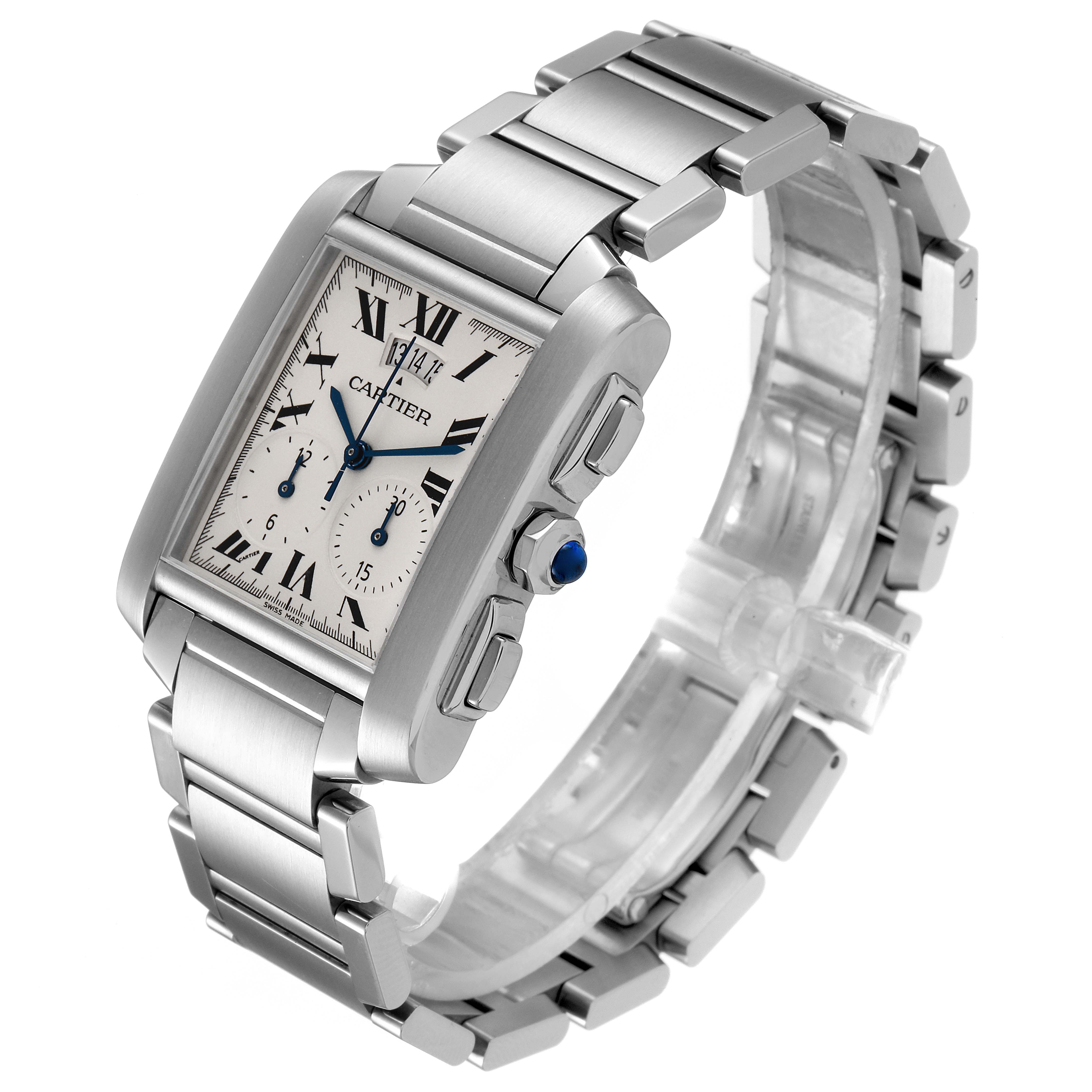 The Cartier Tank Française watch is shown at a slight angle, displaying its face, bracelet, and side buttons.