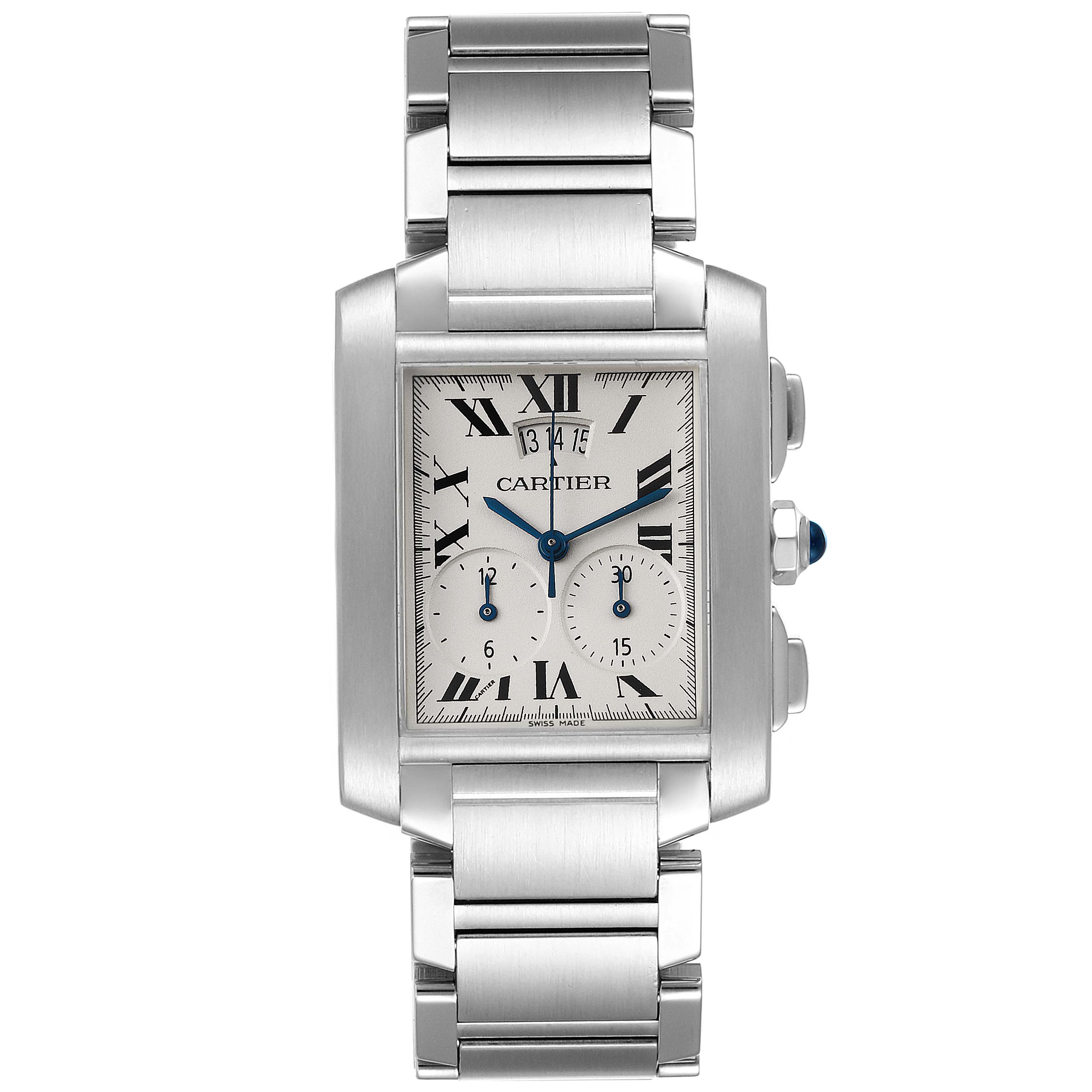 The Cartier Tank Francaise W51024Q3 Men's Stainless Steel Silver Dial W51024Q3 Men's Stainless Steel Silver Dial watch is shown from the front, displaying its face, bracelet, and side buttons.