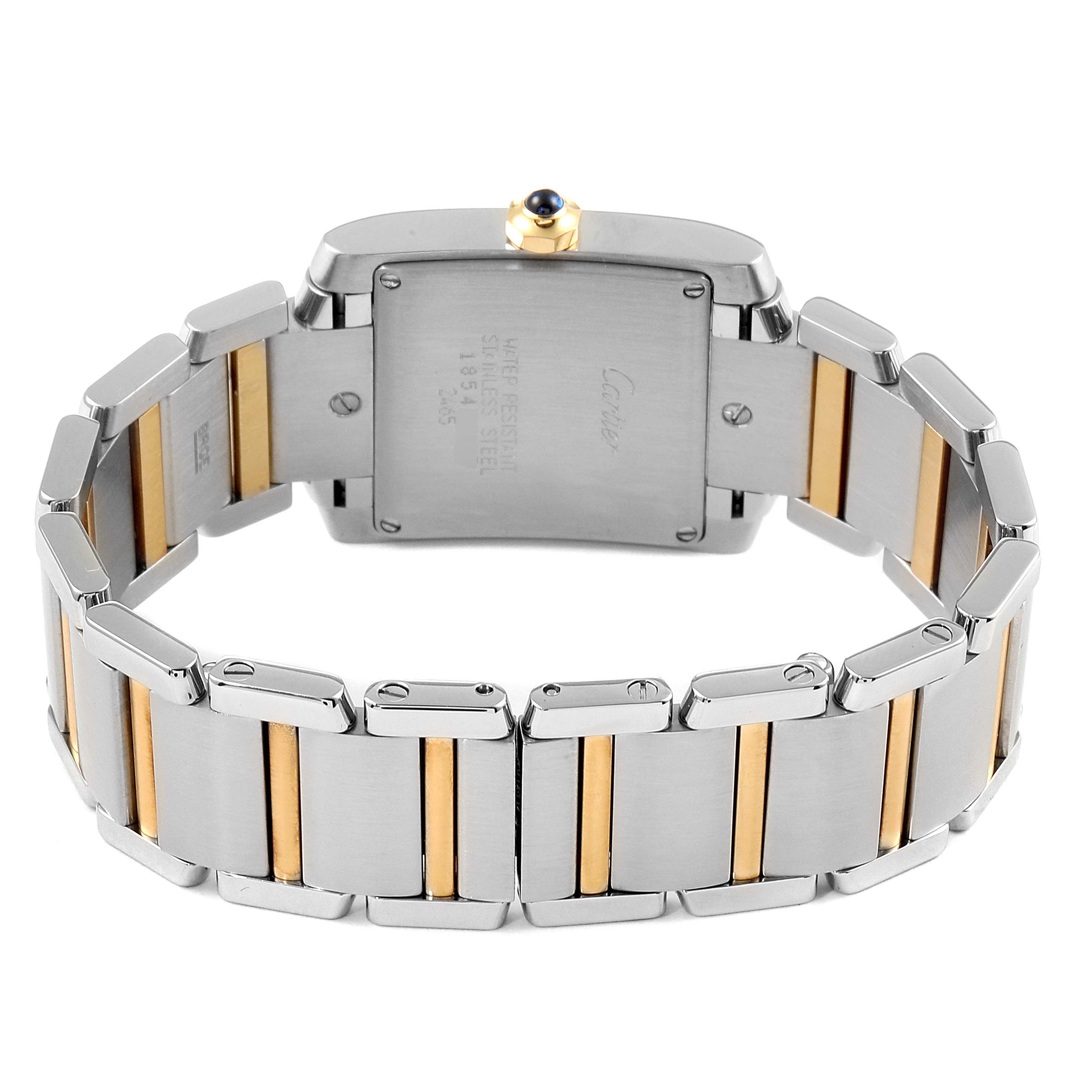 The image shows the back and bracelet of the Cartier Tank Francaise W51012Q4 Women's Steel and Gold (two tone) Silver Dial W51012Q4 Women's Steel and Gold (two tone) Silver Dial watch, highlighting the two-tone metal links.