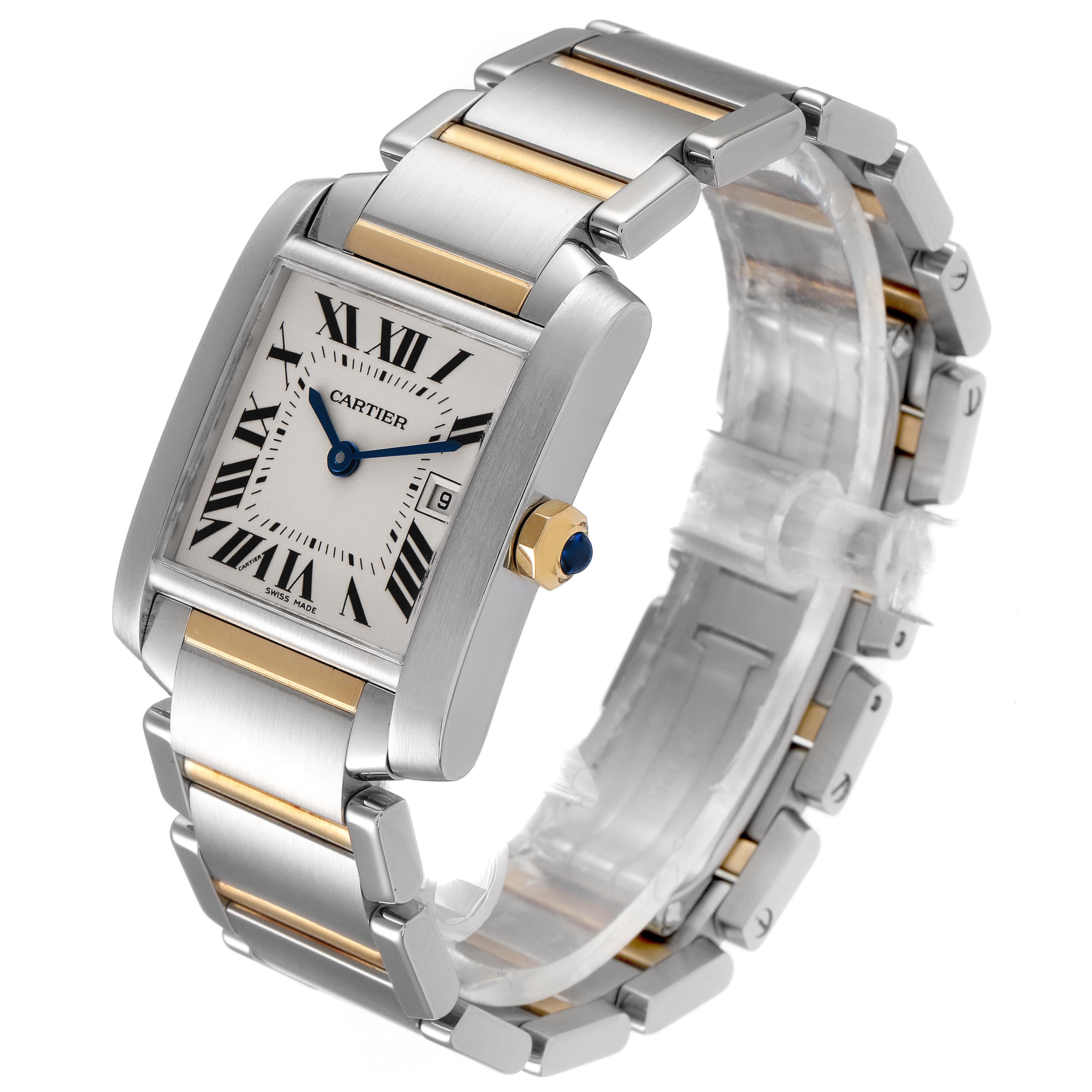 The Cartier Tank Francaise W51012Q4 Women's Steel and Gold (two tone) Silver Dial W51012Q4 Women's Steel and Gold (two tone) Silver Dial watch is shown at an angle displaying the face, bracelet, and crown.