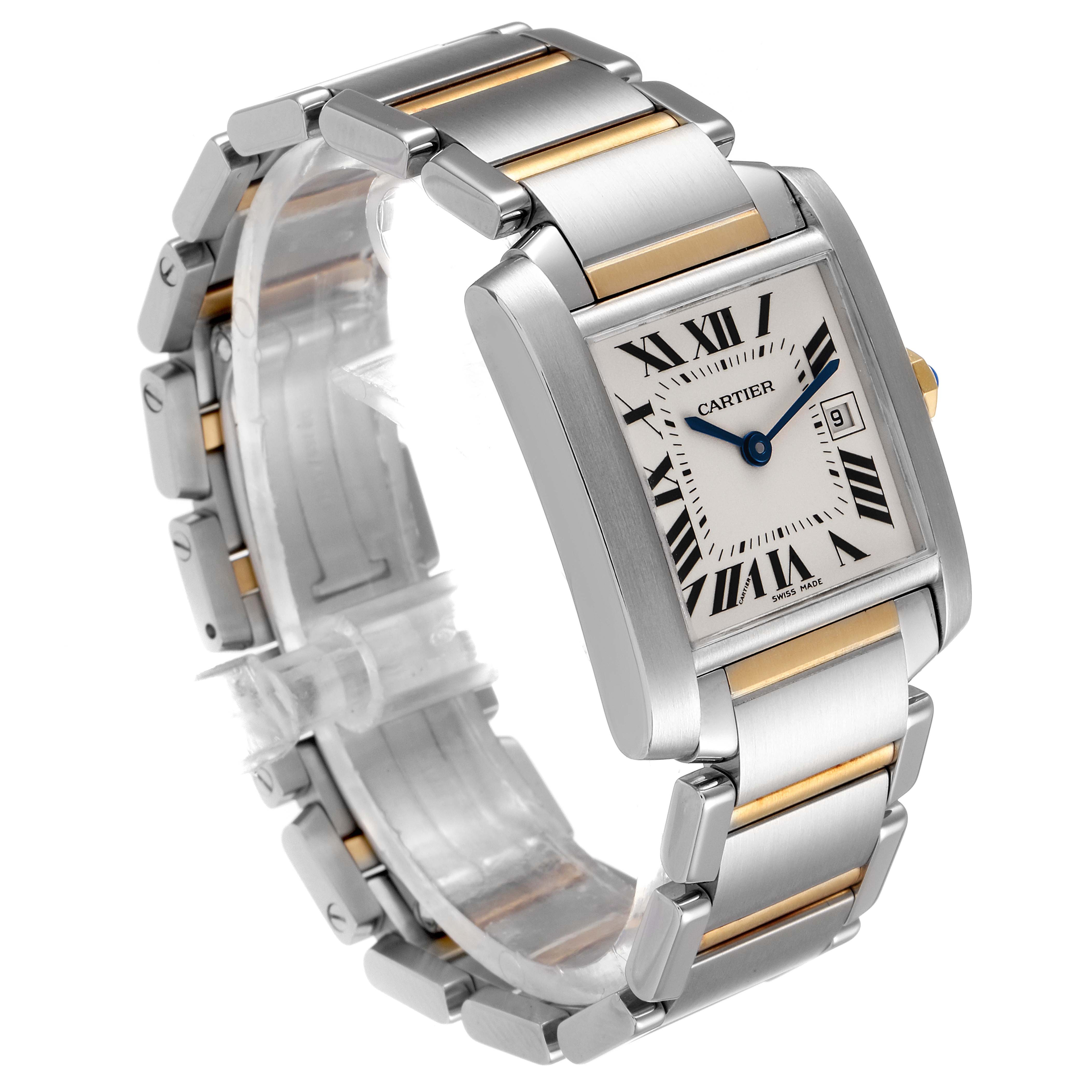 The image shows a Cartier Tank Francaise W51012Q4 Women's Steel and Gold (two tone) Silver Dial W51012Q4 Women's Steel and Gold (two tone) Silver Dial watch from a side angle, highlighting its rectangular face and metal bracelet with gold accents.